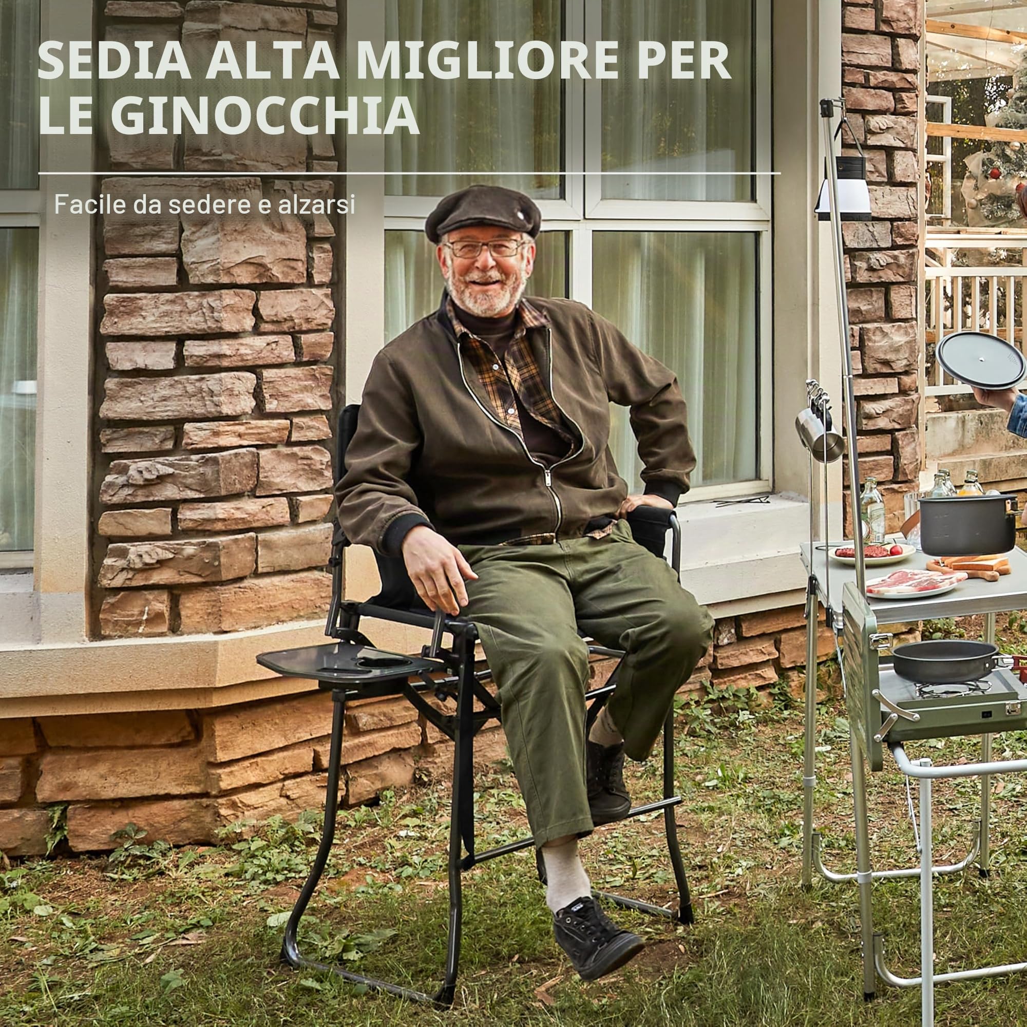 EVER ADVANCED Sedia da regista portatile, altezza seduta 78 cm, pieghevole, da bar, con tavolino laterale, per truccatori, eventi sportivi, mostre artigianali, supporta 160kg, nero