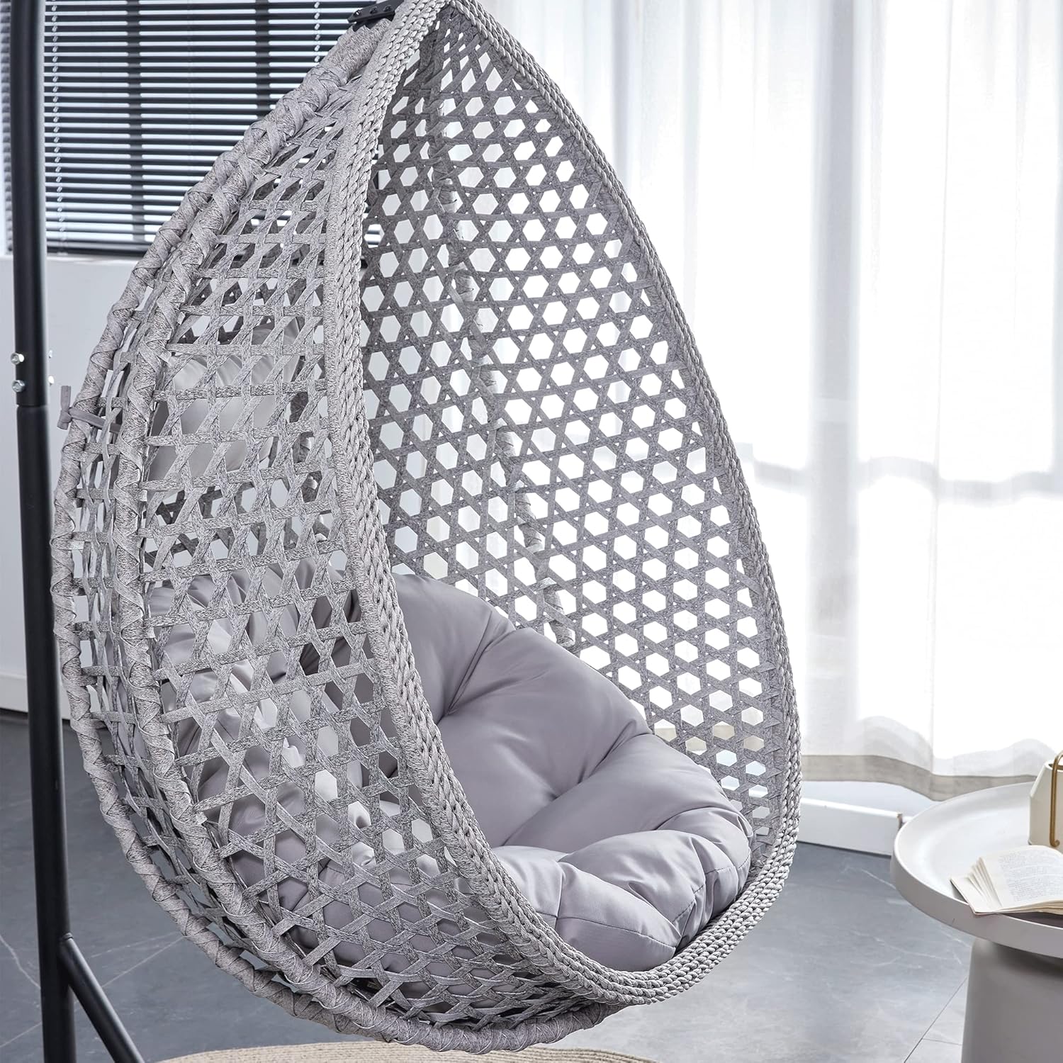 Hanging Egg Swing Chair with Stand, Rattan Wicker Hanging Egg Chair Hammock Indoor with Cushions, Swinging Chair for Bedroom Outdoor Patio Balcony Backyard Sunroom Heavy Duty 350LBS (Gray)
