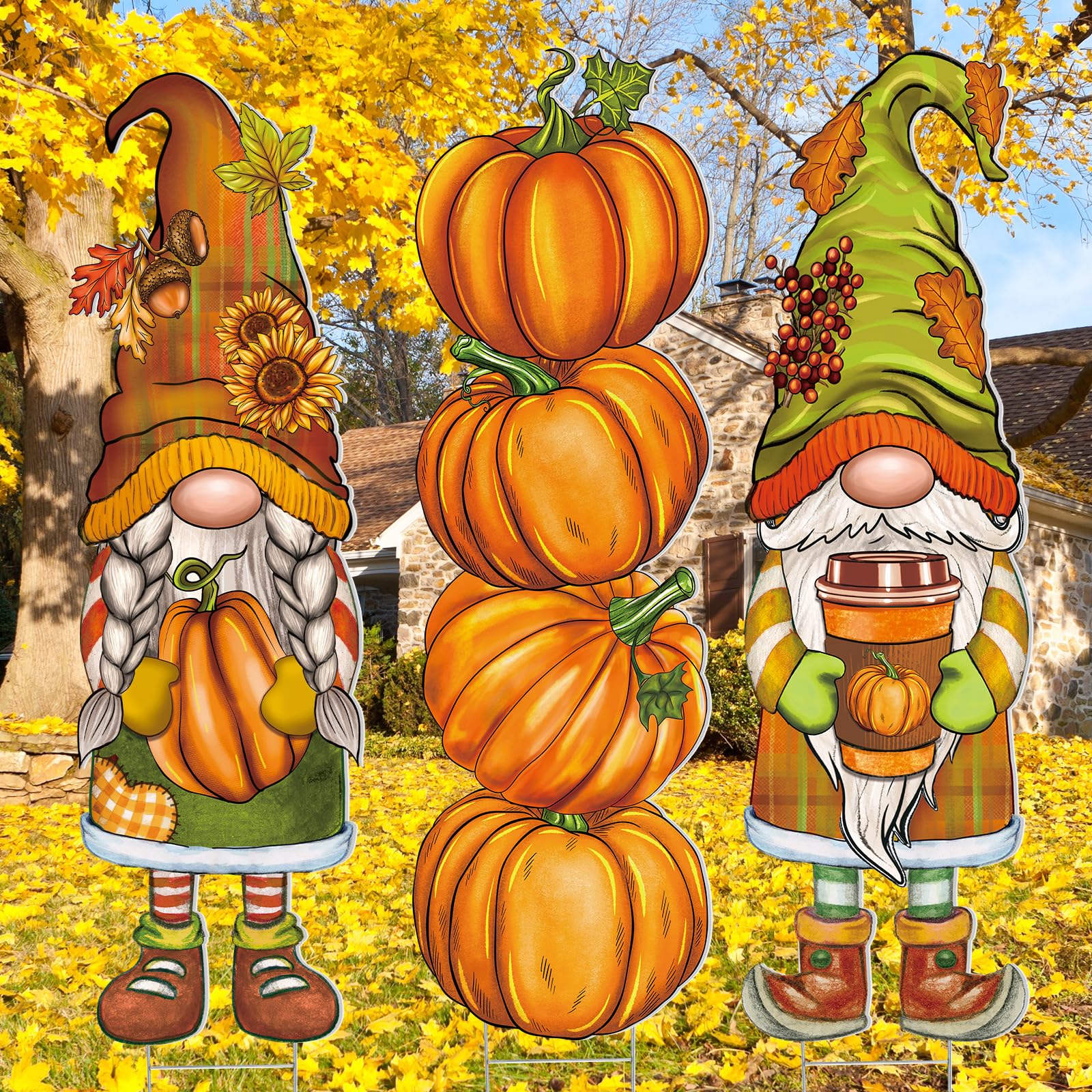 Umigy 3 Pcs Fall Gnome Yard Decor, Autumn Pumpkin Yard Sign with Stakes