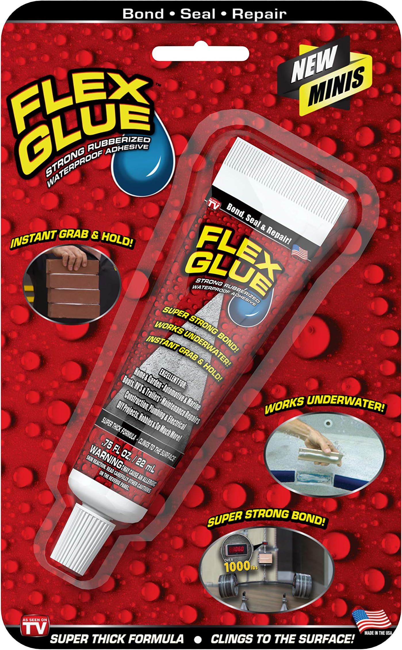 Mini, White, Super Strong, Rubberized Waterproof Adhesive, Works Underwater, Use On Pools, Showers, Outdoors, Concrete, Brick, Pavers, Masonry, and UV Resistant, 0.75 fl oz