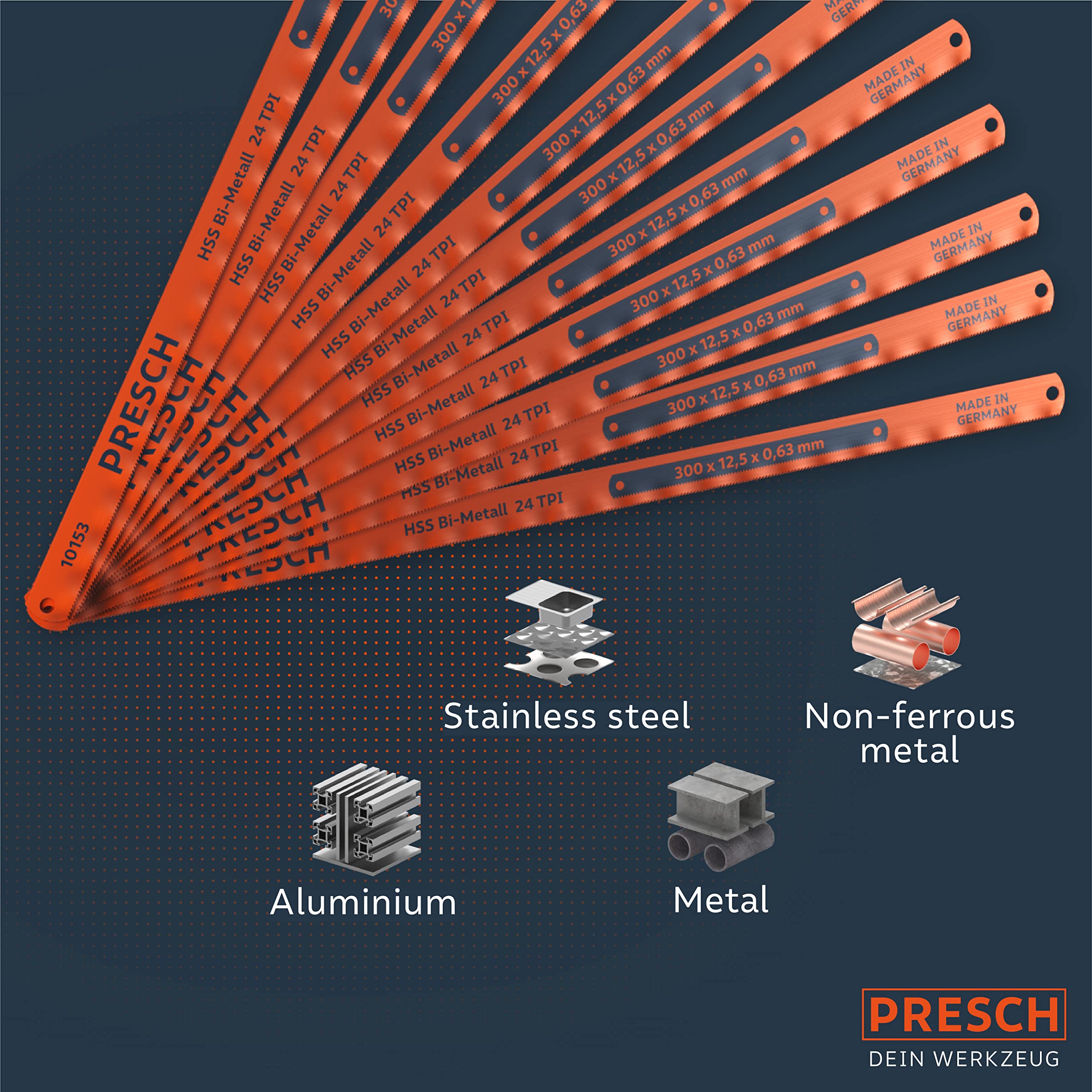 Presch Brzeszczoty do metalu 300mm 11 szt - Brzeszczoty do pił ręcznych 300 mm - Brzeszczot bimetalowy 300mm z krawędzią tnącą do metali nieżelaznych, stali nierdzewnych, tworzyw sztucznych