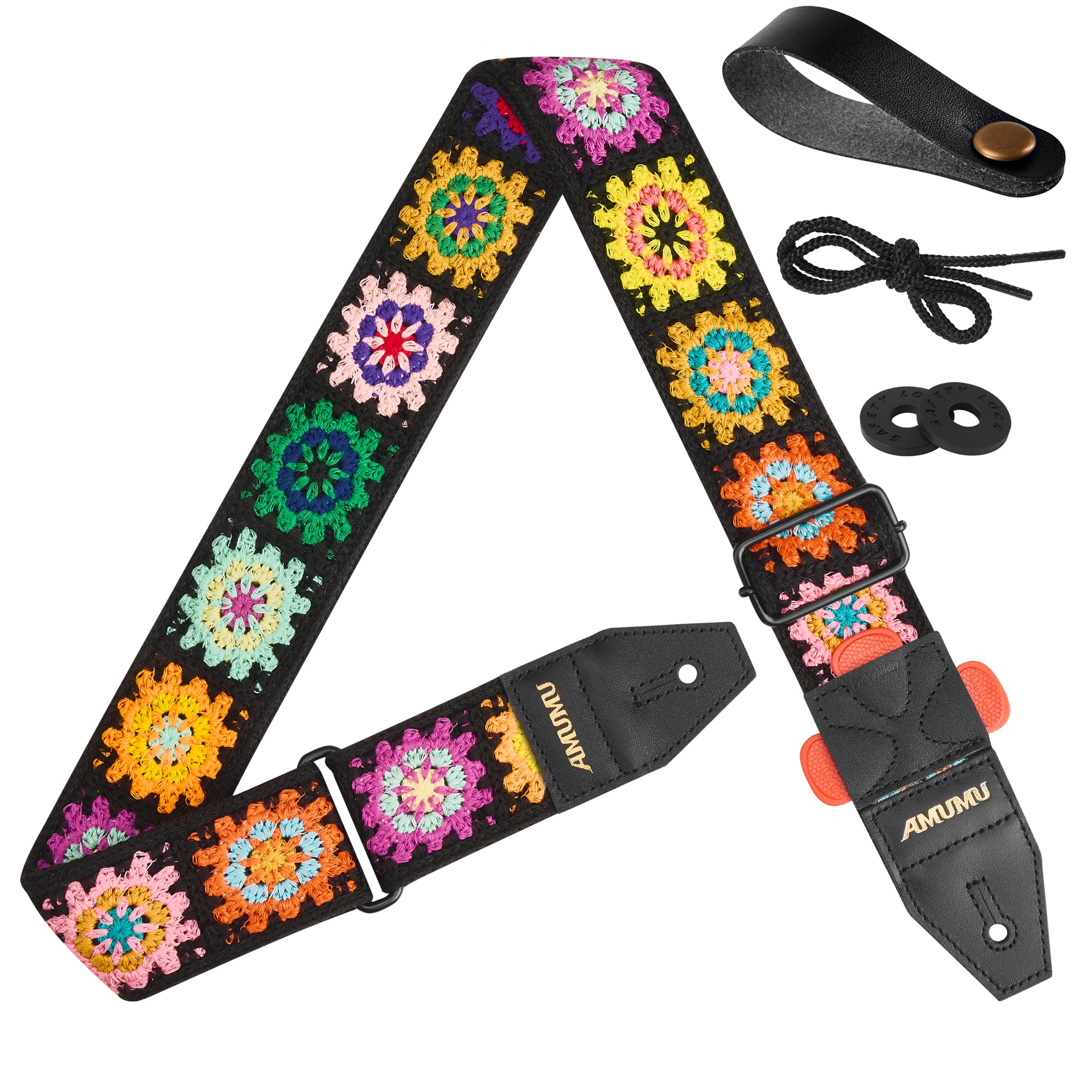 Amumu Unisex Black Crochet Sunburst 2" Multicolor Crochet Woven Guitar Strap - Top Grain Leather Ends - For Acoustic, Electric, Bass Guitars, Adjustable 35'' To 59" -Black