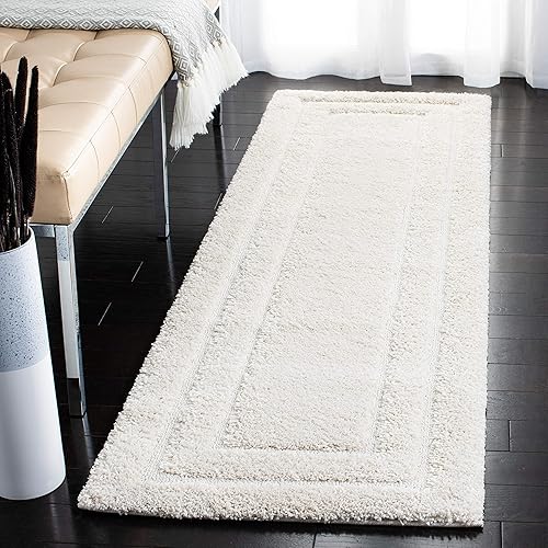 SAFAVIEH Florida Shag Collection Runner Rug - 2'3" x 7', Creme & Creme, Border Design, Non-Shedding & Easy Care, 1.2-inch Thick Ideal for High Traffic Areas in Living Room, Bedroom (SG454-1111)