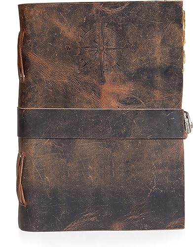Miniatura 6 de Diario de cuero vintage con brújula - Antiguo hecho a mano con candado Diario encuadernado en cuero con papel de borde de cubierta para diario de