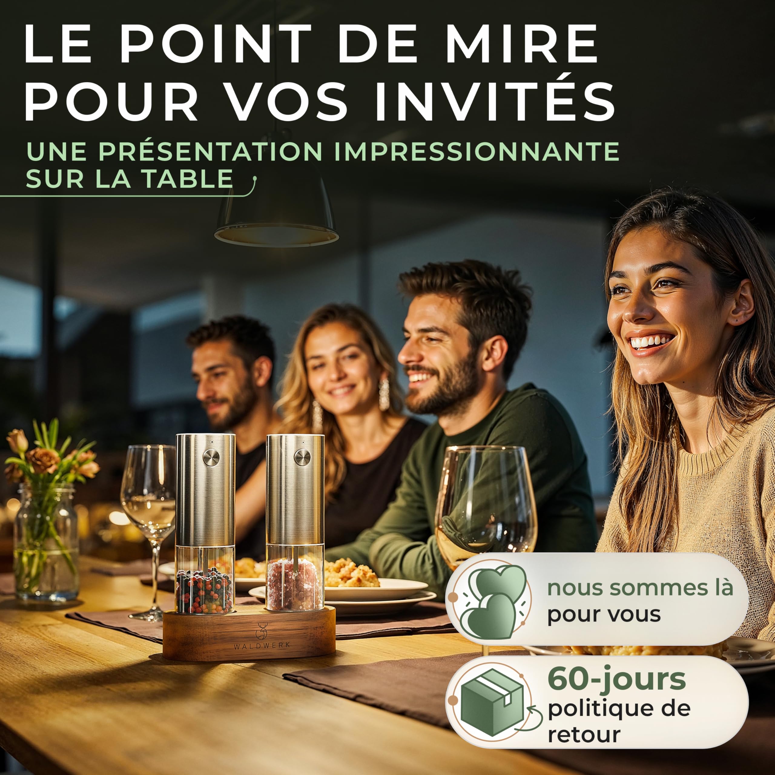 WALDWERK Moulin à poivre et sel electrique (batterie 300 mAh) – Moulin à poivre et moulin à sel electrique avec support élégant en bois d’acacia – Moulin a poivre electrique