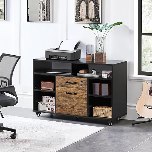 Miniatura 2 de Yaheetech Archivadores laterales móviles con 2 cajones y compartimentos, archivador con cerradura para tamaño carta A4, soporte de impresora para