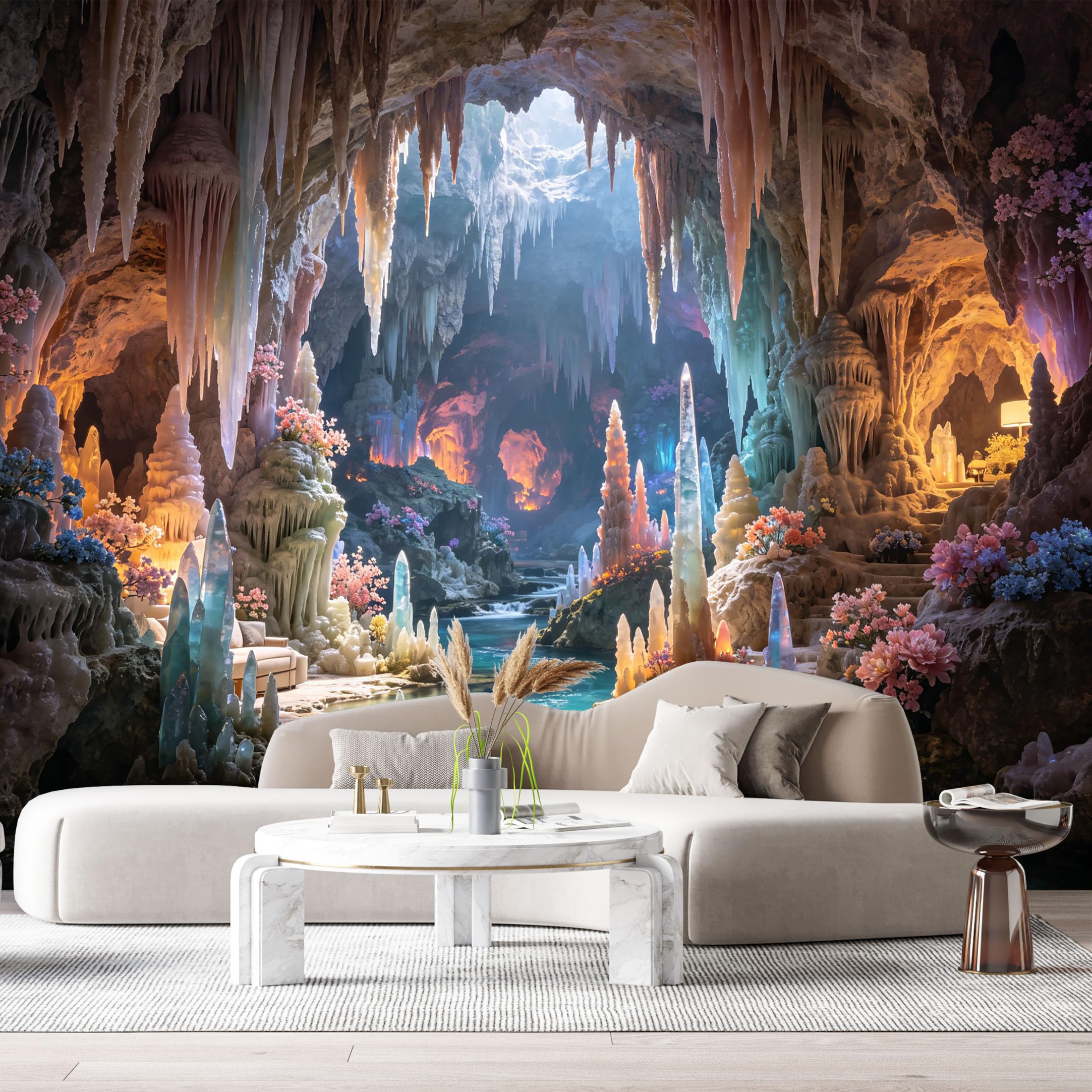 Custom Size Wall Murals Fantasy Cave Crystal Stalactite Underground River 3D Trompe L'Oeil SelfAdhesive Wall Fabric Removable Large Wallpaper for Photo Living Room