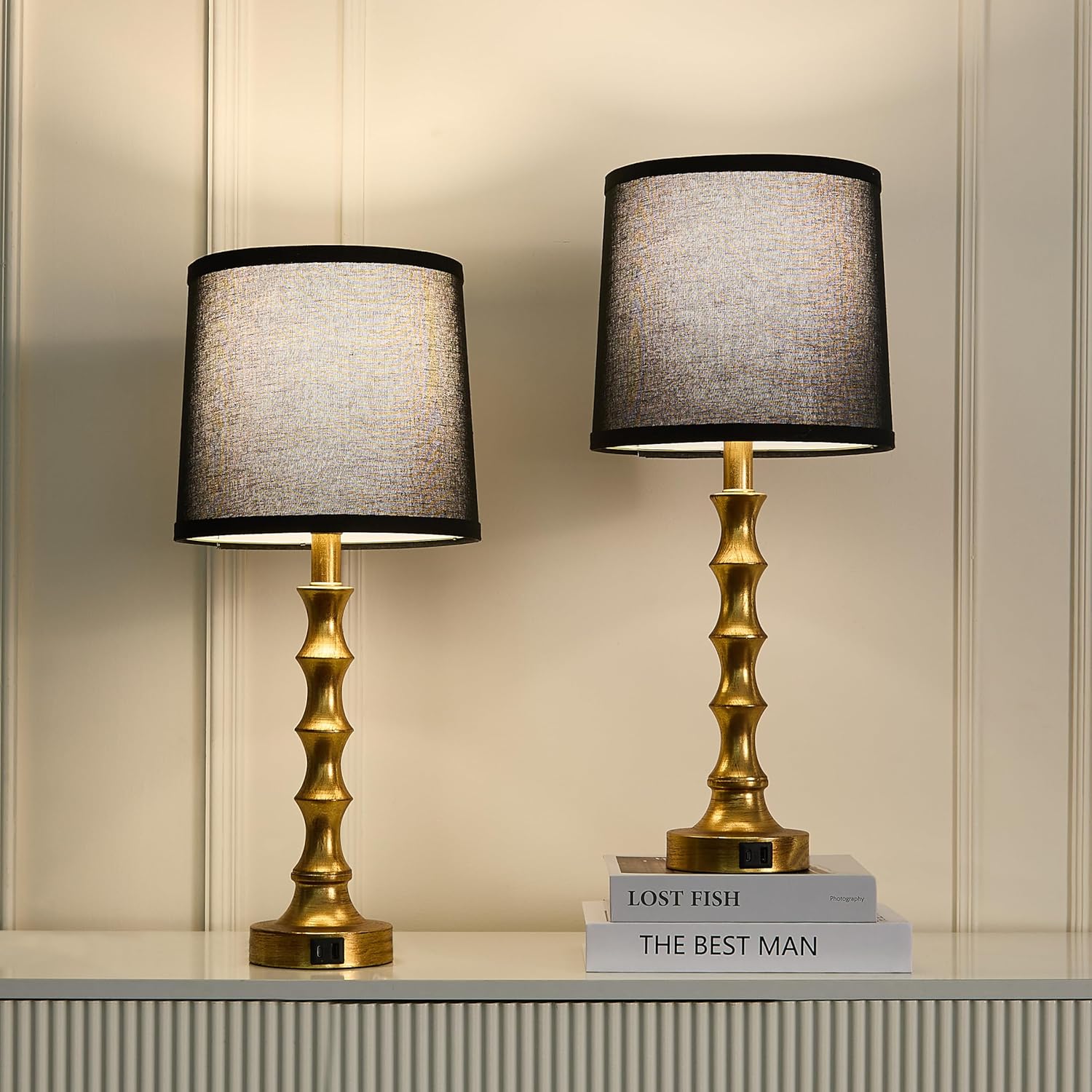 Gold Table Lamp 24" Nightstand Lamps Set of 2 Bamboo Shape Base Metal Desk Lamps with Linen Black Shade Modern Bedside Nightlight with USB A+C Ports Rustic Table Lamp for Farmhouse Dining Room