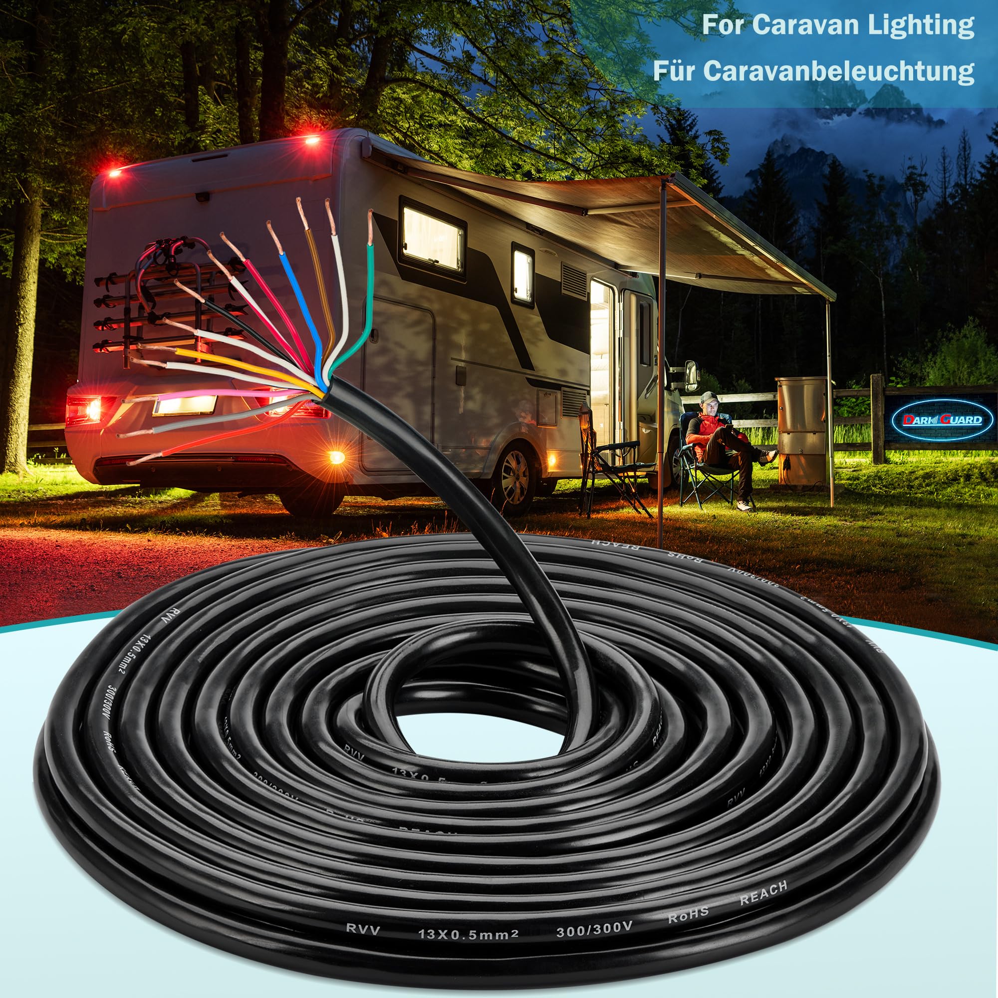 Cable de Remolque 13 Núcleos 0.5mm², 15M Cable Alargador 13 Hilos 12V/24V para Caravana Vehículo Coche Barco Pilotos Remolque Enchufes Camping y Luces LED, Aprobación RoHs Reach