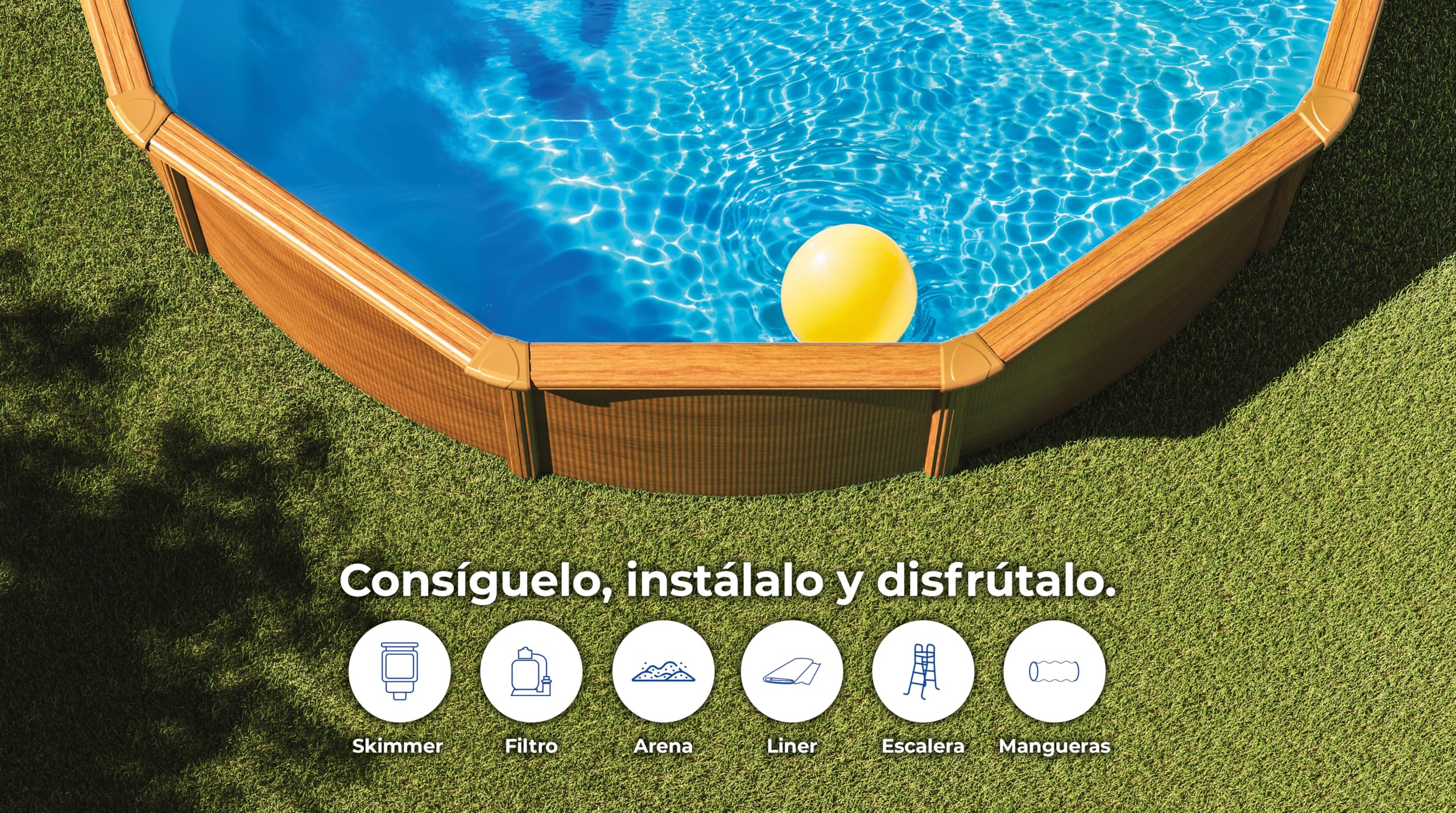 Piscina de Acero Elevada,Redonda con Aspecto Madera. Piscinas Desmontables para Jardín. 350 x 120 cm - Piscina Gre KIT350W Pacific.