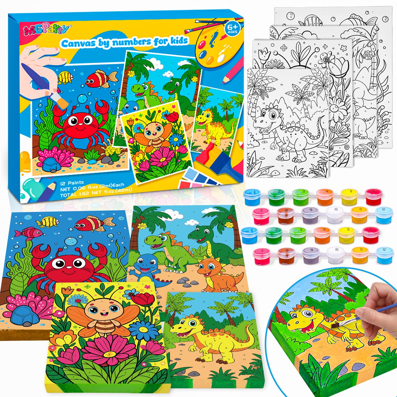 4 Pack Paint by Numbers for Kids Ages 6-8 8-12, Pre-Drawn Canvas Painting Kit with 12 Acrylic Paints & 8 Brushes, DIY Canvas Art Kits for Kids Painting Activities, Classroom Crafts, Wall Decor