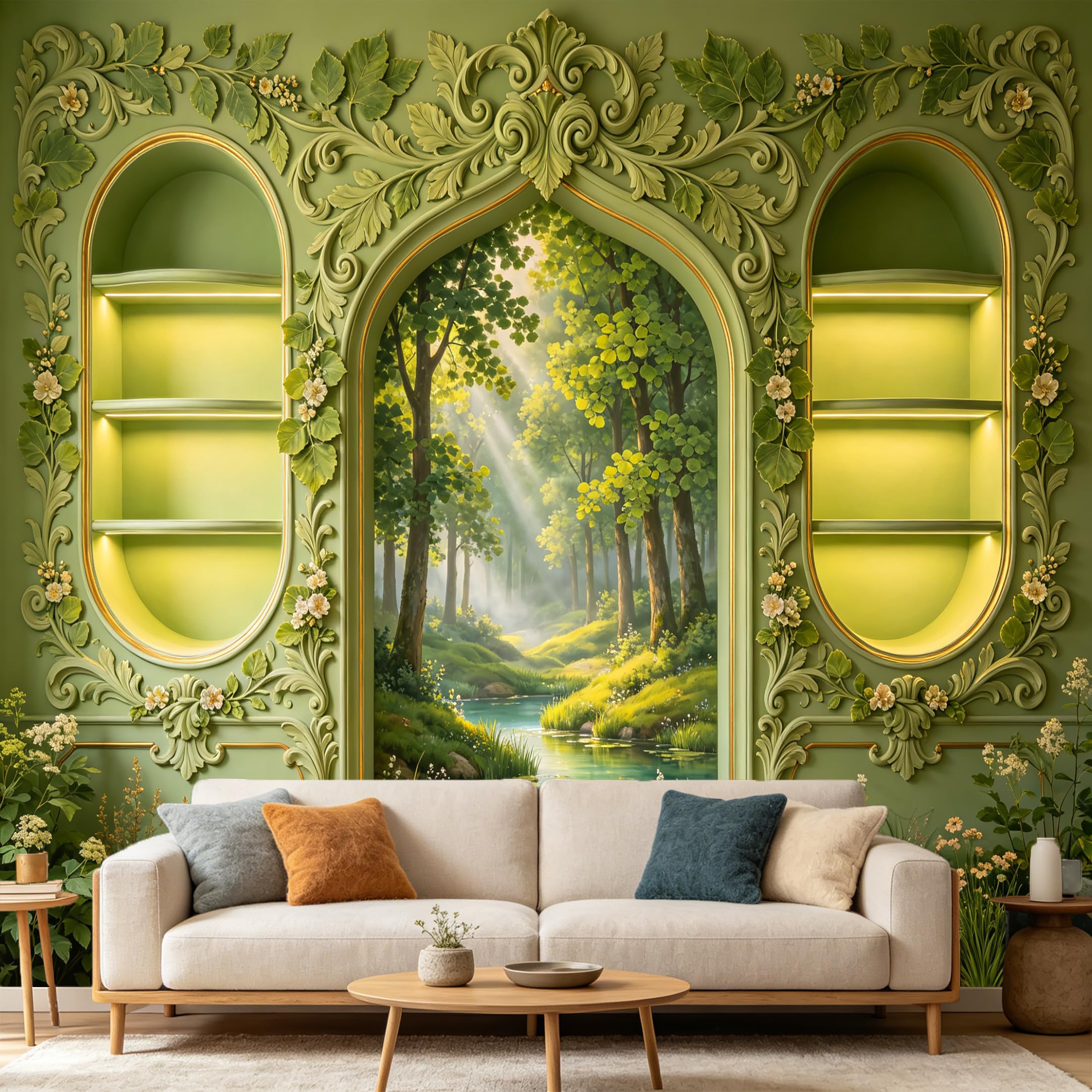 Custom Size Wall Mural， 3D Trompe L'Oeil Archway Forest River Scenic Landscape， SelfAdhesive Art Prints wall Fabric Removable Large Wallpaper Home Living Room Decor