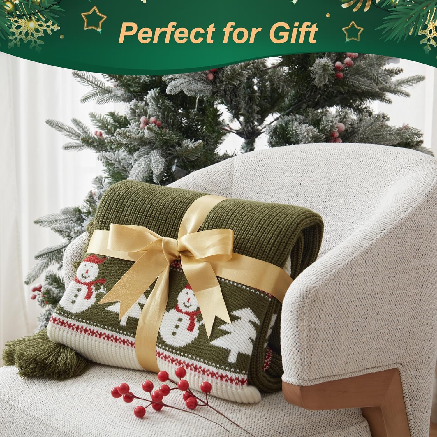 Walensee Throw Blanket, Ultra Soft Knit Blanket for Couch Sofa Bed Travel, Lightweight Warm Decorative Throw Blanket, Comfortable Home Decor and Gift (50"x60", Green Snowman)