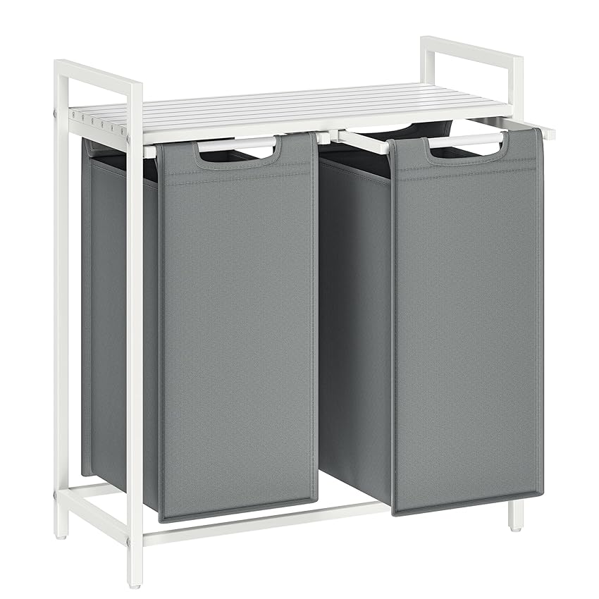 VASAGLE Cesto Portabiancheria, Porta Biancheria, 2 Sacchi in Tessuto Rimovibili, Piano d’Appoggio, Metallo, 2 x 46 L, 73 x 33 x 72 cm, Grigio Ardesia e Bianco Opaco BLH201W11