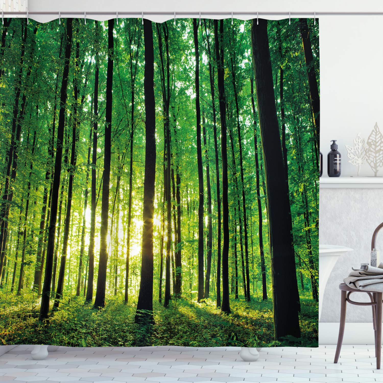 ABAKUHAUS Forest Shower Curtain, Green Woodland at Sunrise Scenic Morning Nature Environment Ecology Serenity