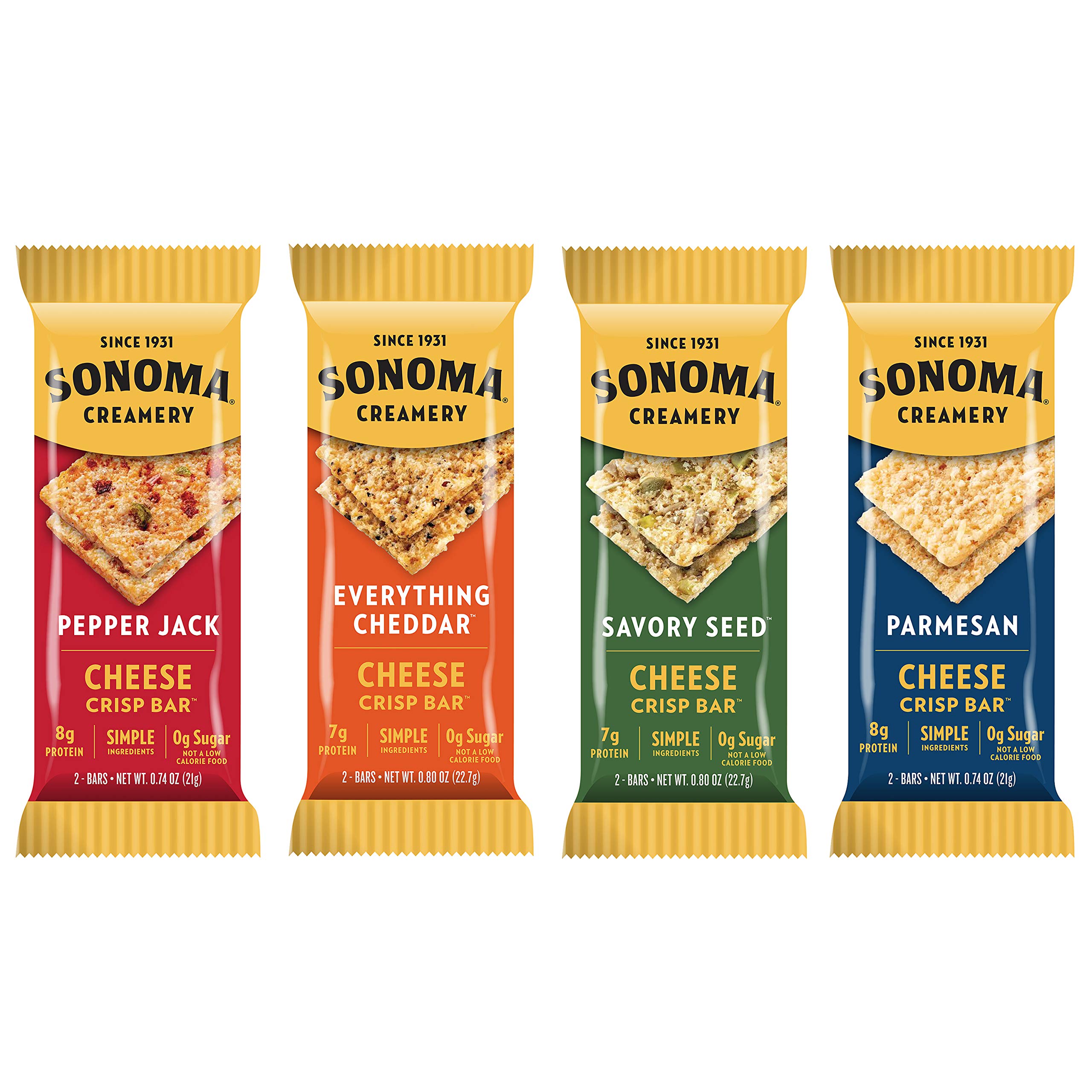 Sonoma Creamery Cheese Crisp Bars -High Protein, Gluten Free, Low Carb & Keto Friendly Snack - Variety Pack (Includes Pepper Jack, Everything Cheddar, Savory Seed & Parmesan), Pack of 8