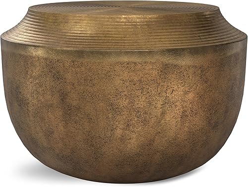 Miniatura 135 de SIMPLIHOME Johnsen - Mesa de metal, 15 pulgadas de ancho, con tambor de hierro macizo, color plata antigua con patrón tribal, mesa auxiliar redonda