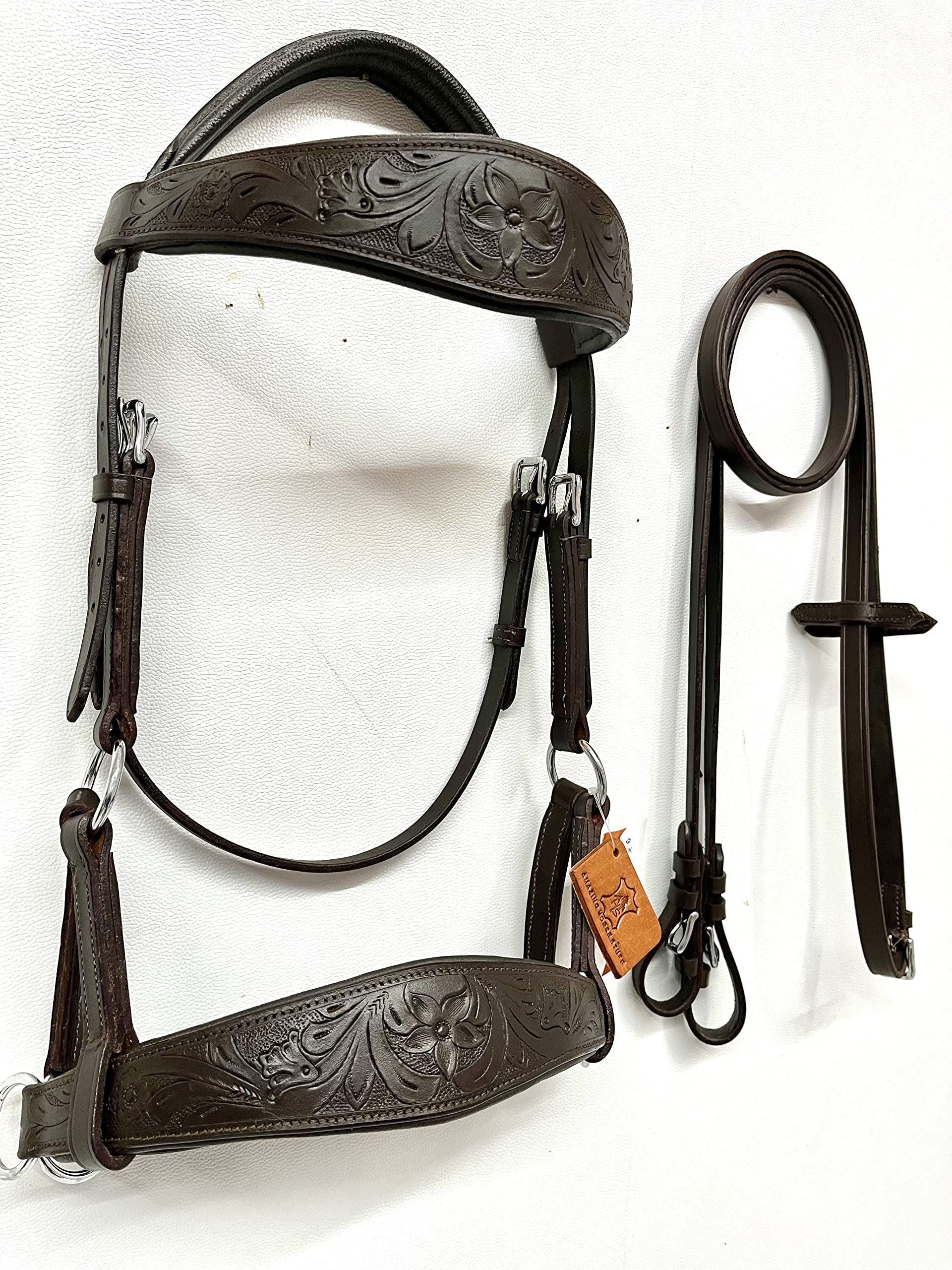 Sidepull gebisslose Trensenzaum Designer-Handschnitzerei Augenbraue Reithalfter oval braun Full Cob Pony