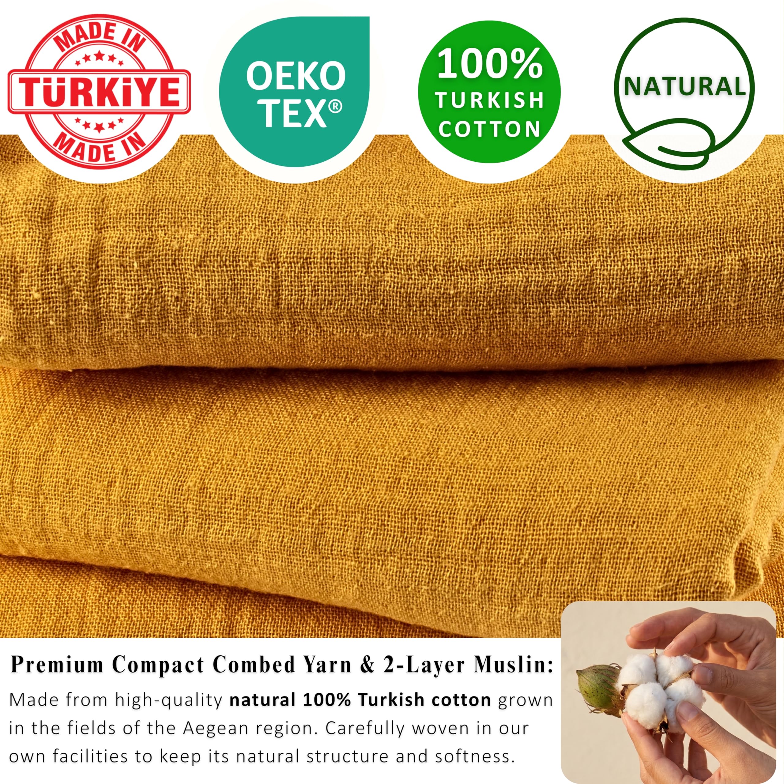 Badetücher 2er Set Luxus Musselin Handtücher für Erwachsene - Luxus 100% türkische natürliche Baumwolle Musselin Stoff Hamamtücher - Extra weich, saugfähig, schnell trocknend, leicht (Senfgelb)