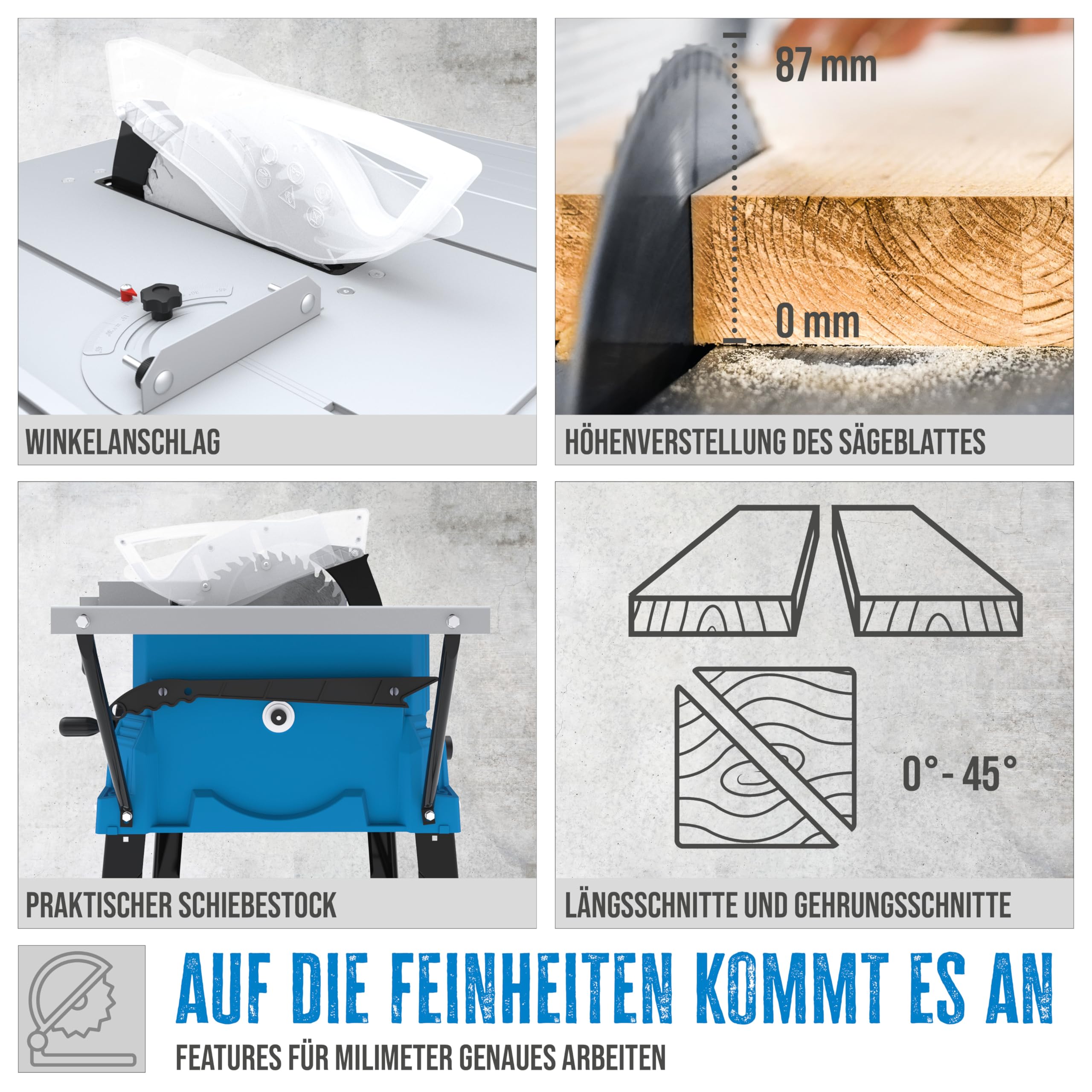 Güde GTK 2000.1 Tischkreissäge - 230 Volt, 2000 Watt, 4800 Umdrehungen pro Minute, Schnitthöhe 8,7 Zentimeter, 2 Stück Hartmetall-Sägeblätter 25 Zentimeter, Tisch 63 mal 54 Zentimeter, Absauganschluss