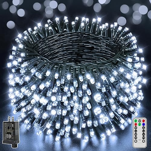 Miniatura 12 de 500 luces LED de Navidad de 164 pies, tira de luces impermeables para exteriores con control remoto y temporizador, luces de árbol de Navidad con 8