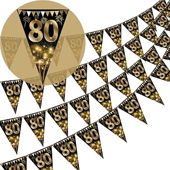 40pcs Happy 80th Birthday Banner Bunting Flags Gold and Black Glitter 80th Birthday Anniversary Party Decoration Supplies 80t