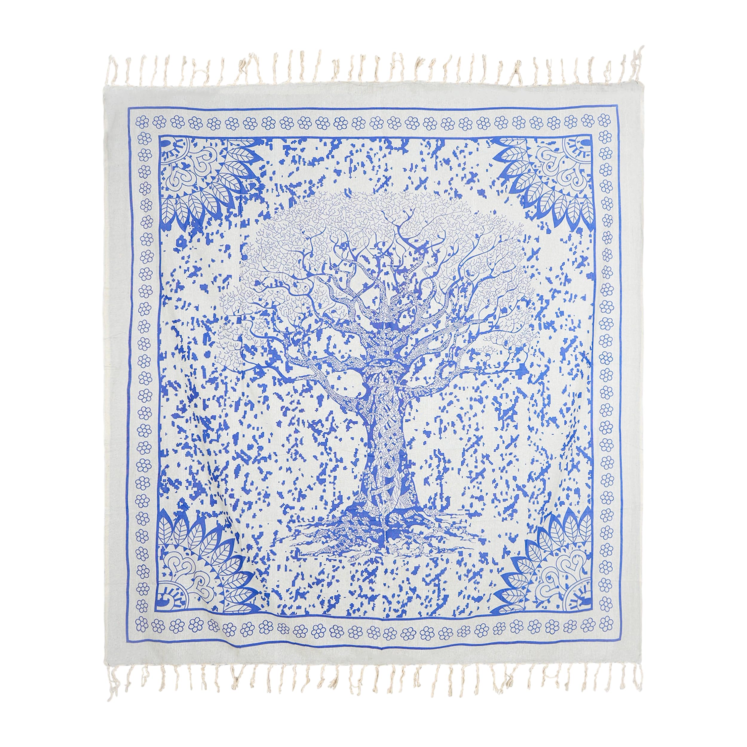 H HANSEL HOME Tapiz Mandala con Flecos XXL Multiusos 210x240 cm - 100% Algodón, Decoración de Pared, Toalla de Playa Grande, Manta de Picnic, Alfombra Ligera para Yoga y Acampada -Arbol Azul