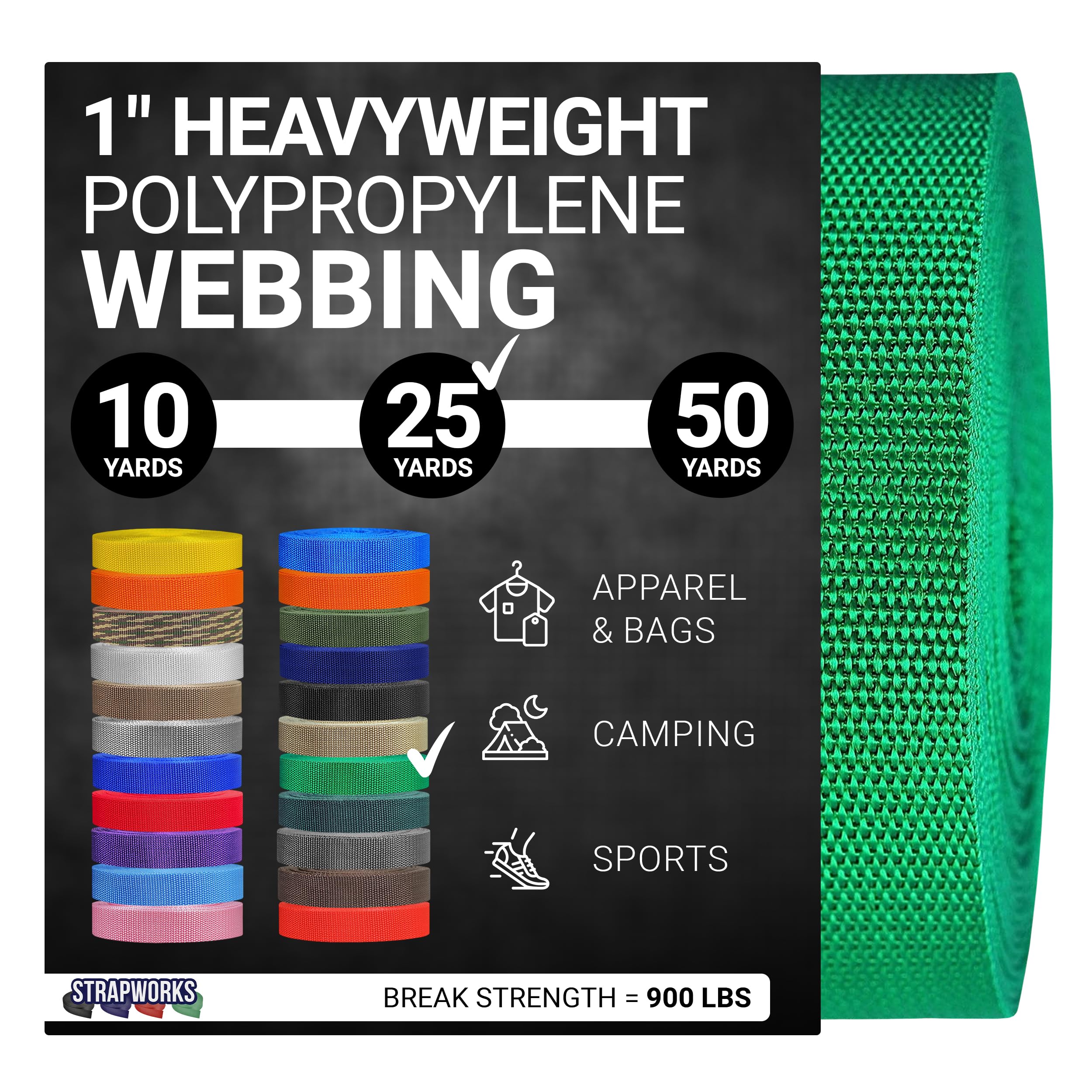 Strapworks Heavyweight Polypropylene Webbing - Heavy Duty Poly Strapping for Outdoor DIY Gear Repair, 1 Inch x 25 Yards - Kelly Green