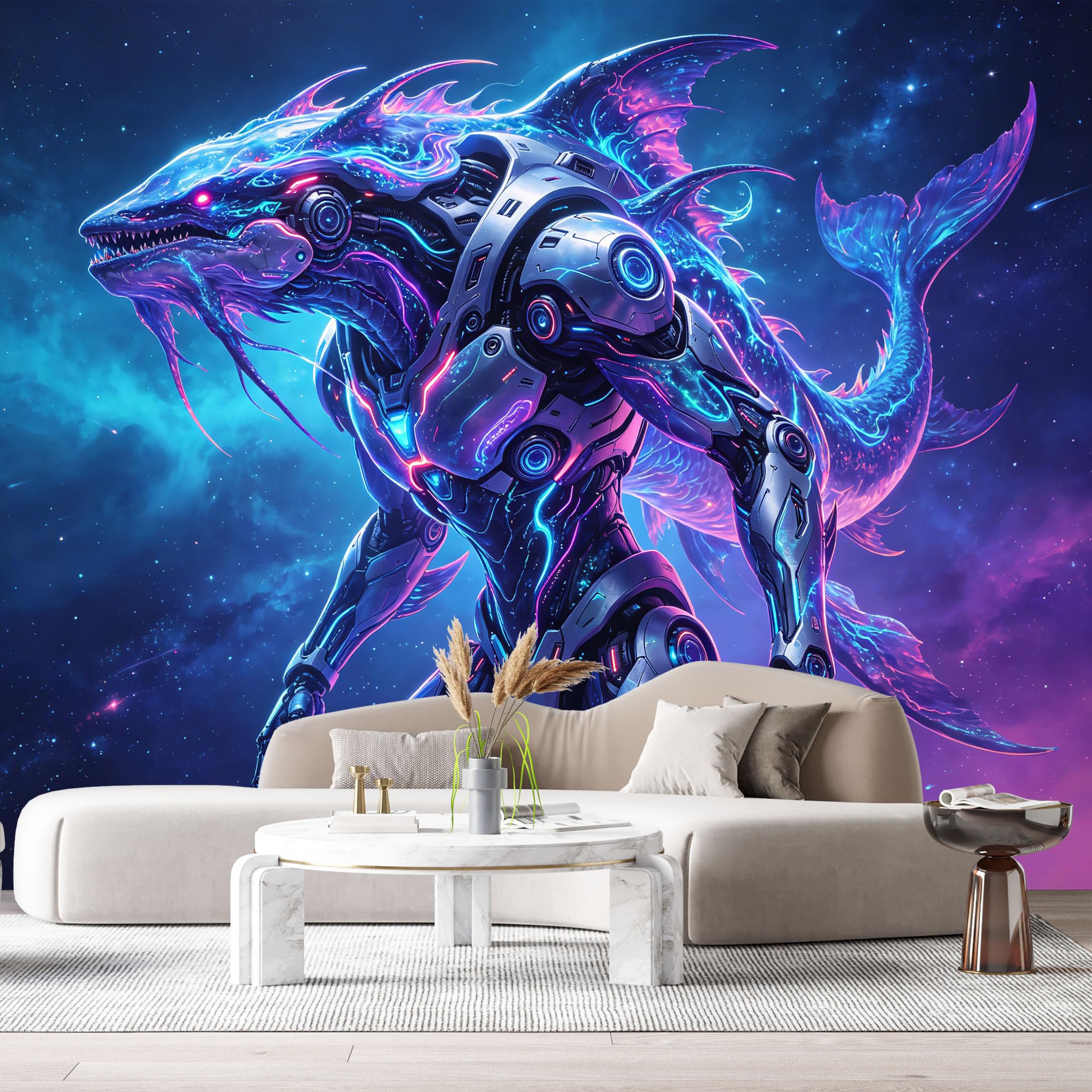 Custom Size Wall Murals Cybernetic Shark Mechanical Creature Abstract Cosmic Nebula 3D SelfAdhesive Wall Fabric Removable Large Wallpaper Photo for Living Room