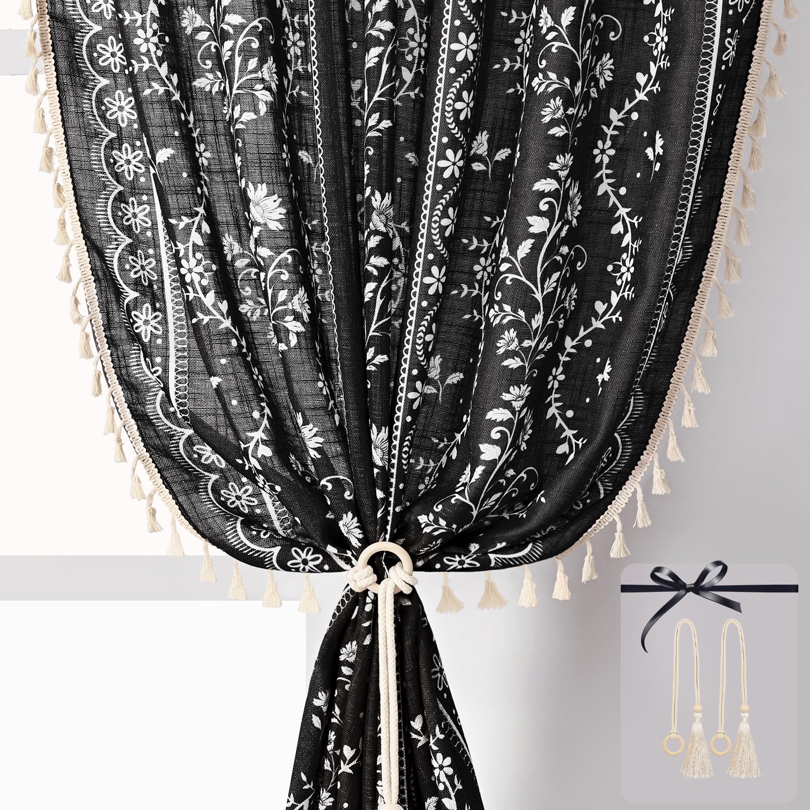 Yinhua Boho Curtains for Living Room 63 Inch Length Vintage Linen Curtains for Bedroom Light Filtering Floral Window Curtain Rod Pocket &amp; Back Tabs Rustic Tassel Drapes with Tiebacks, Black