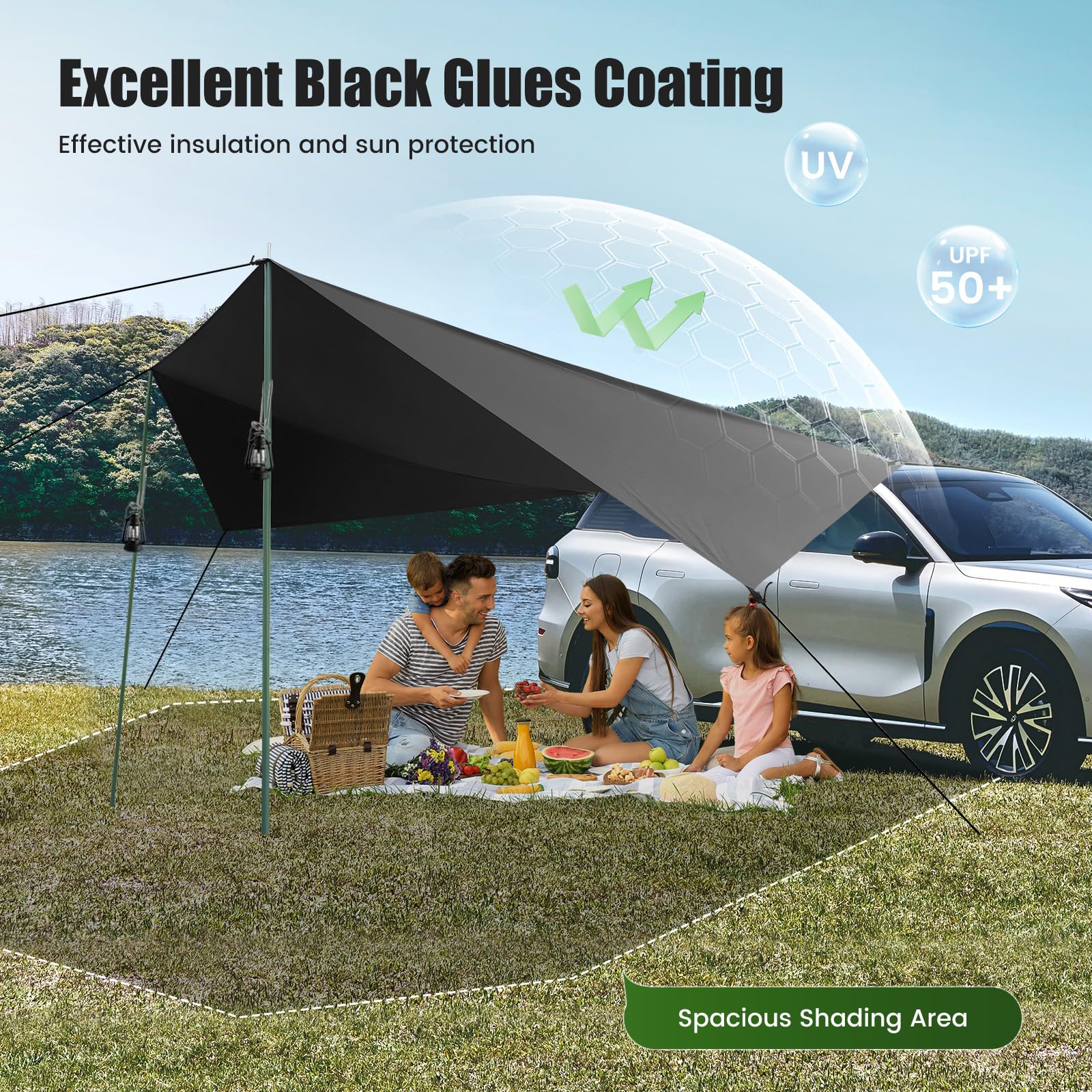 Auto tenda da sole campeggio Tenda universale di grande tenda da sole SUV Sun Shelter con ventose Baldacchino per automobili in tessuto Oxford impermeabile per il campeggio