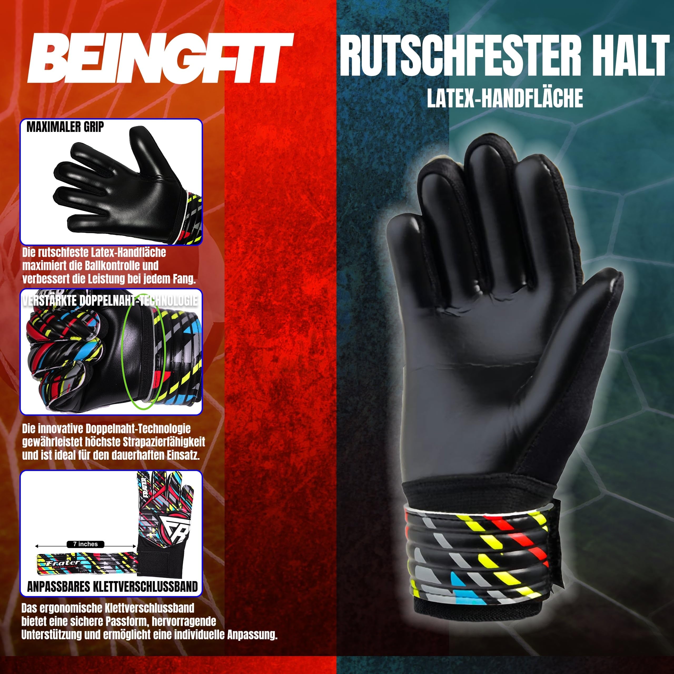 Torwarthandschuhe Herren & Kinder - Fußball Handschuhe 4mm Latex (Schwarz/Rot, Größe 5, geeignet für 9-12 Jahre)