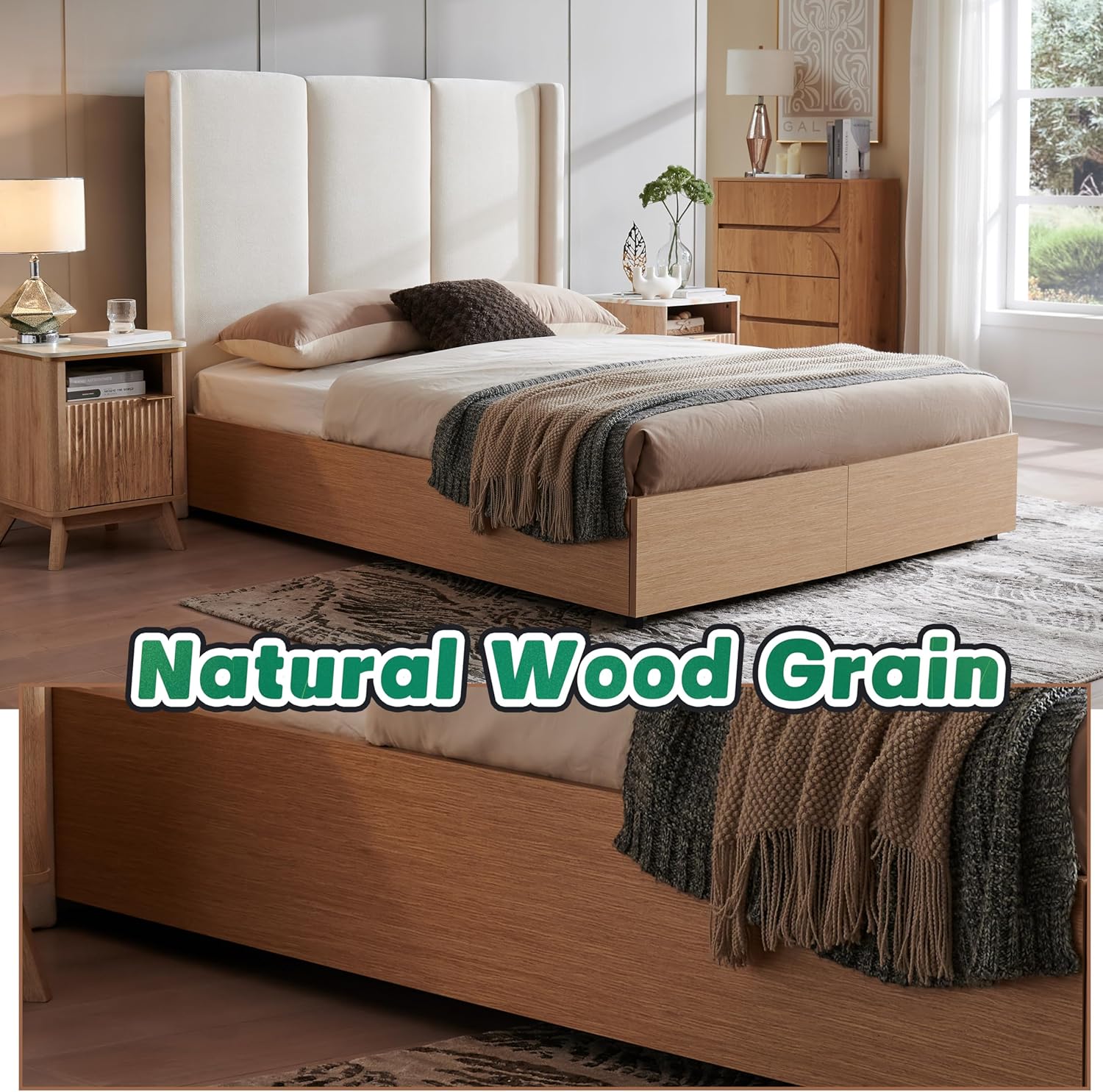 Queen Size Upholstered Platform Bed Frame with 2 Footboard Storage Drawers, Vertical Channel Tufted Velvet Headboard, Sturdy Wooden Slats, Noise-Free Design, No Box Spring Needed, Beige