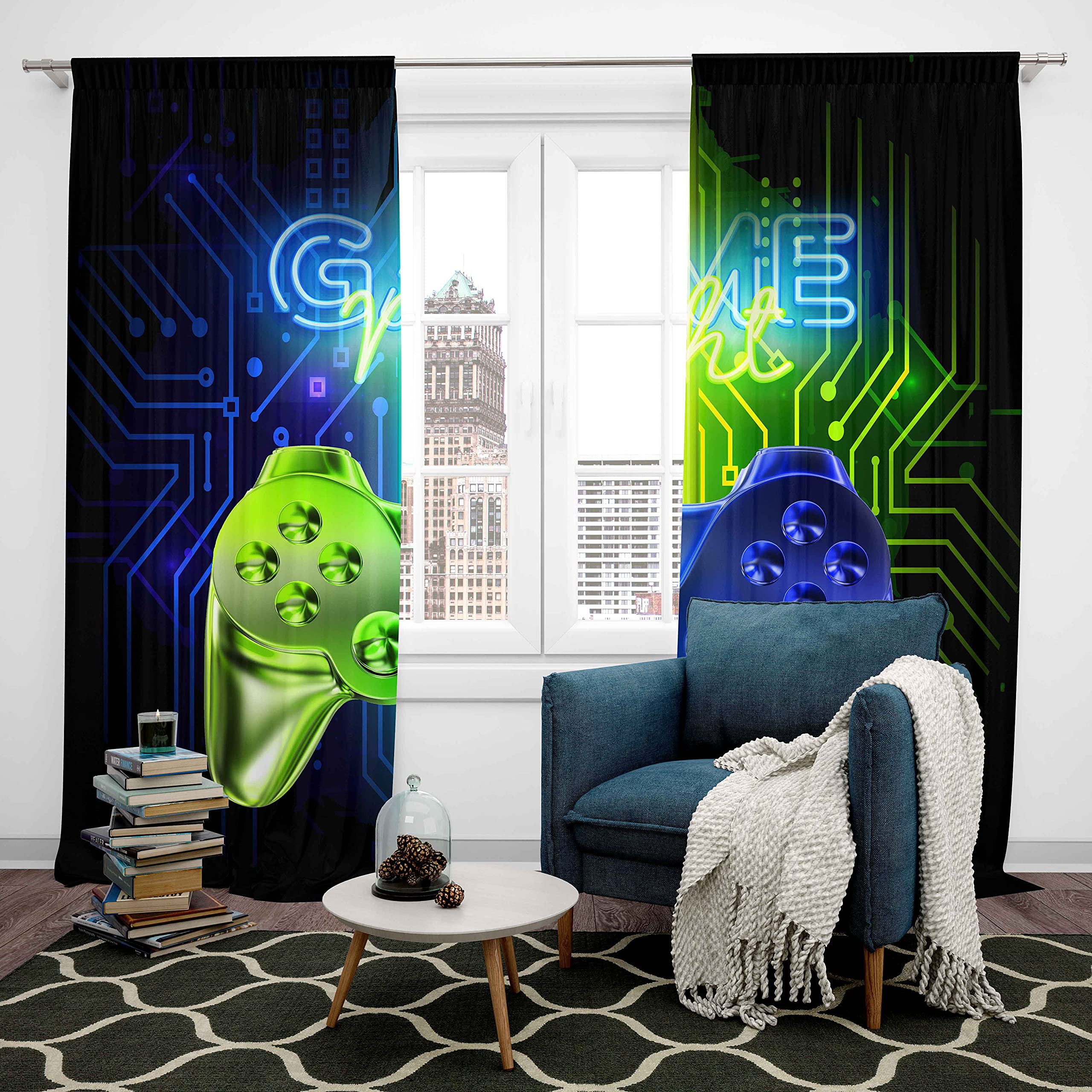 Loussiesd - Tende oscuranti per camera da letto, a tema gaming/videogiochi, per ragazzi e adolescenti, colore: blu/verde/neon, motivo: gamepad, con occhielli, set di tende termicamente isolate, 116,8