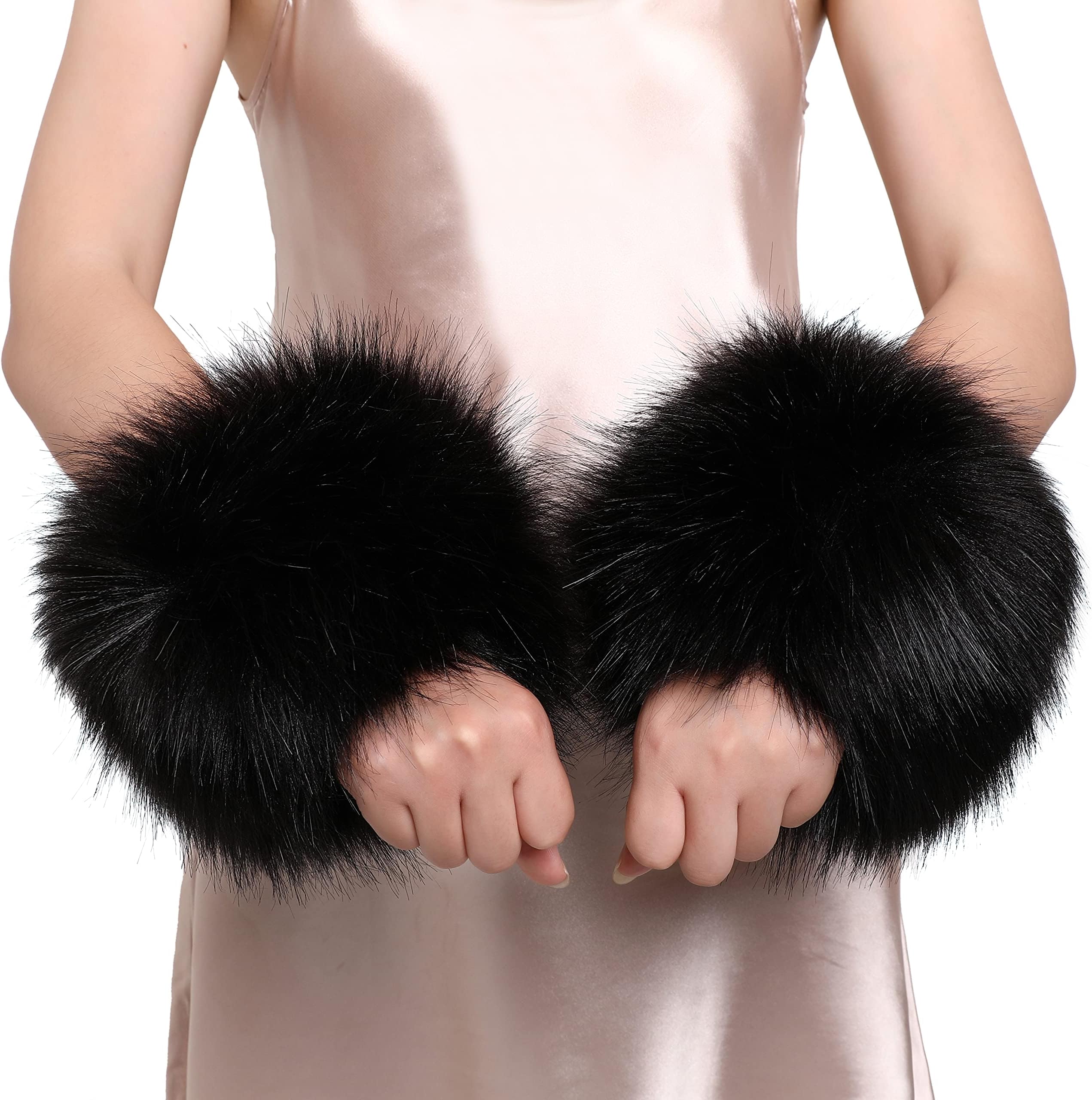 DikoainaFaux Fox Fur Hair Soft Wrist Band Ring Cuff Warmer (Black)