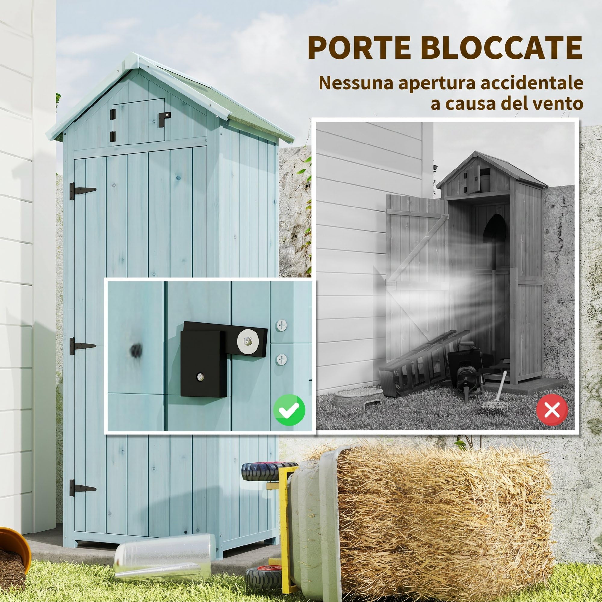 Outsunny Capanno da Giardino Piccolo in Legno, Porta Attrezzi Salvaspazio, 3 Mensole Rimovibili, Tetto in Asfalto Impermeabile, 77x54.2x179cm, Blu