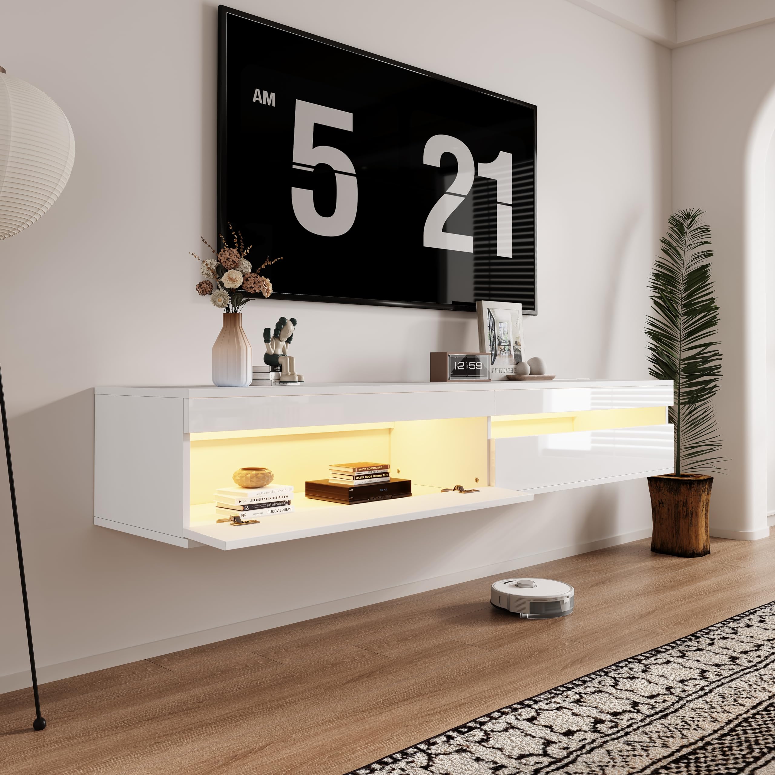 Photo 1 of basenji 71" Floating TV Stand Wall Mounted,Solid Wood Entertainment Center with LED Lighting & Power Outlet, High-Gloss Modern Media Console for TVs up to 85",Tv Consoles for Living Room,White