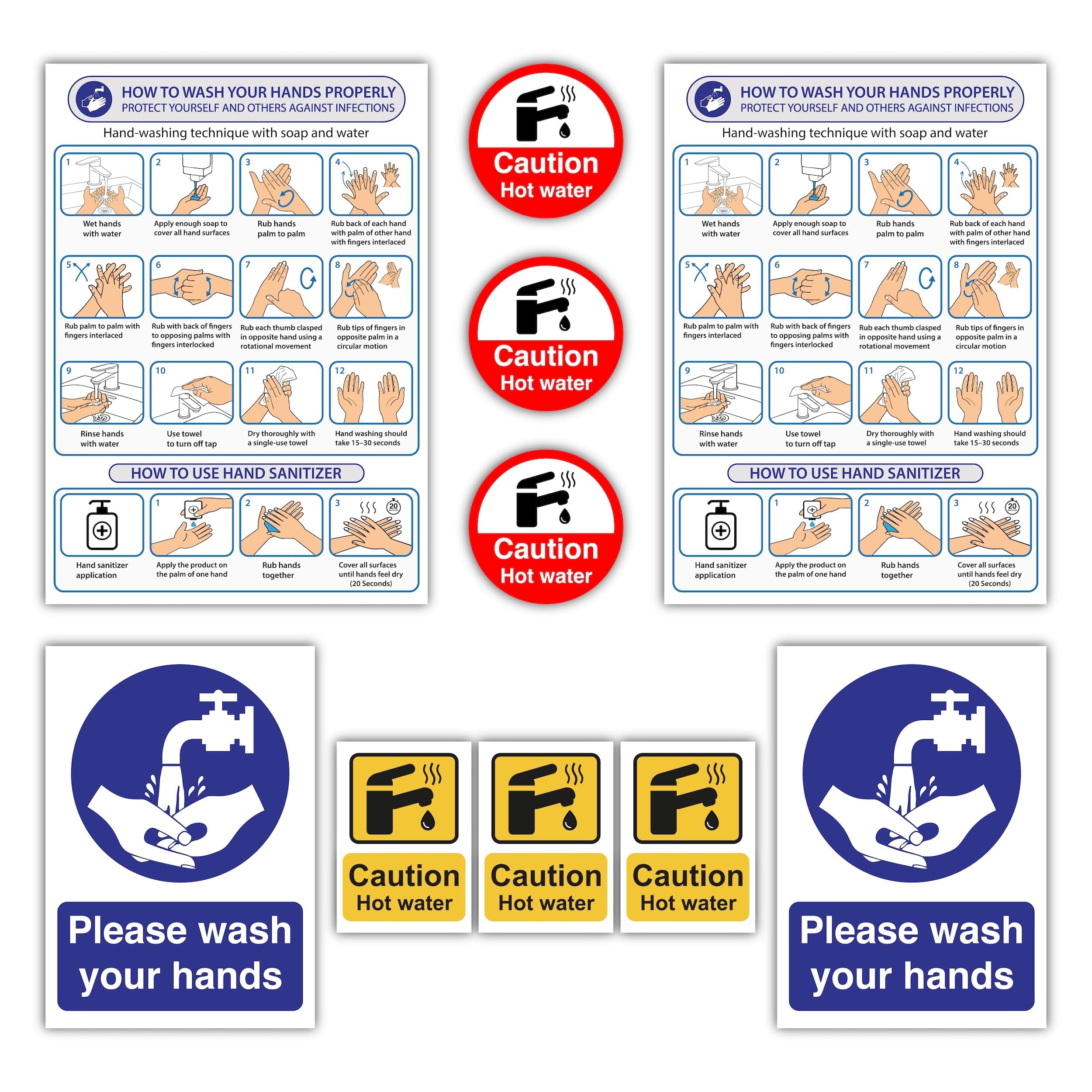 10 Pack Hygiene Safety Sign Set – Self Adhesive – 2× A4 How to Wash Your Hands Posters, 2× A5 Please Wash Your Hands Signs, 3× 85 mm & 3× 74×105 mm Caution Hot Water Stickers