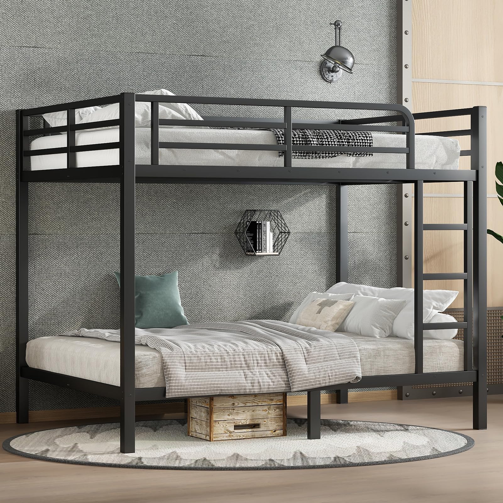Metal Full Over Full Bunk Bed for Teens and Adults, Heavy Duty Bunk Bed Frame with Ladder and Safety Guardrails, Space-Saving, Noise Reduced, No Box