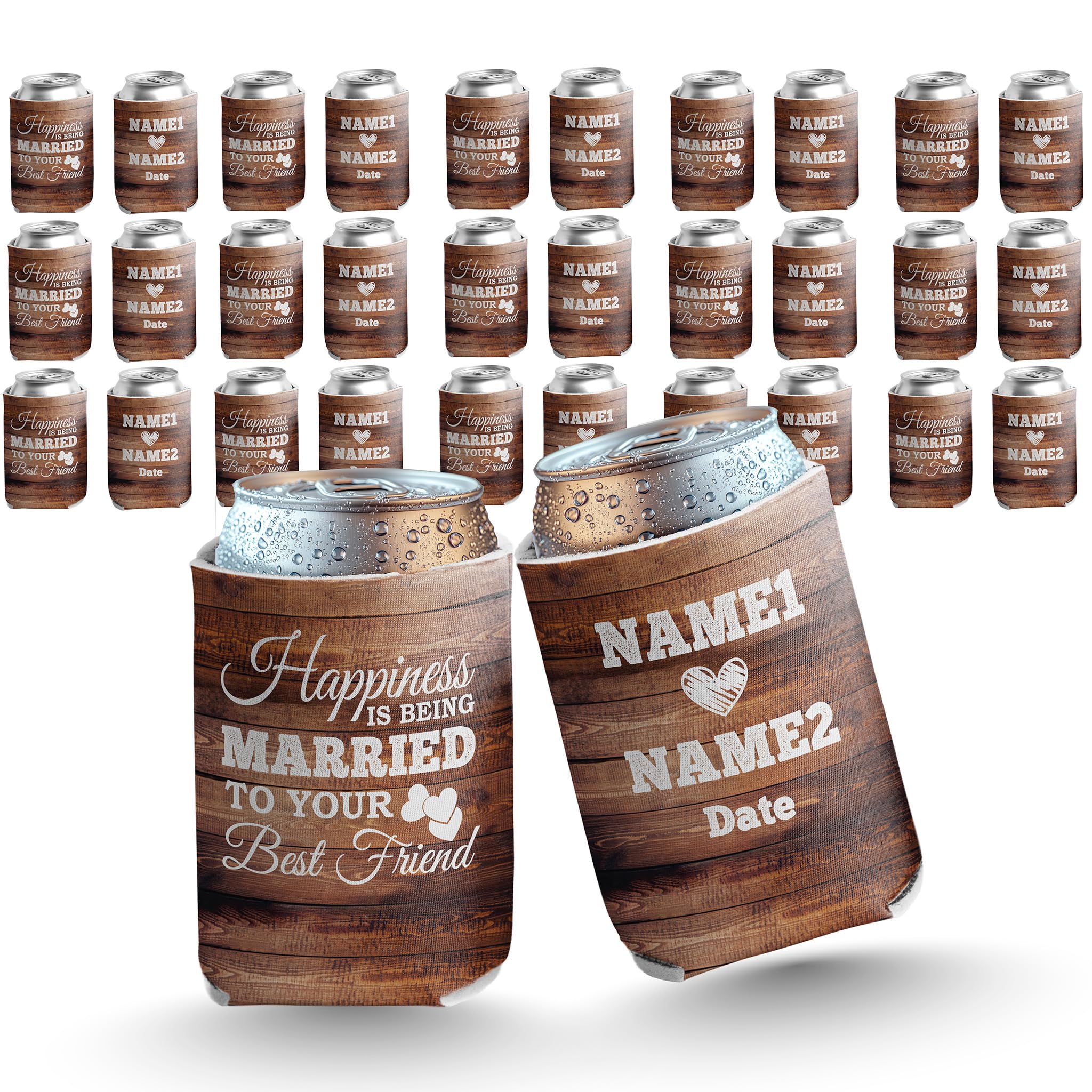 Personalized Wedding Can Coolers – Happiness is Being Married to Your Best Friend – Custom Drink Sleeves by VictoryStore – Fits 12-16oz Cans – Wedding