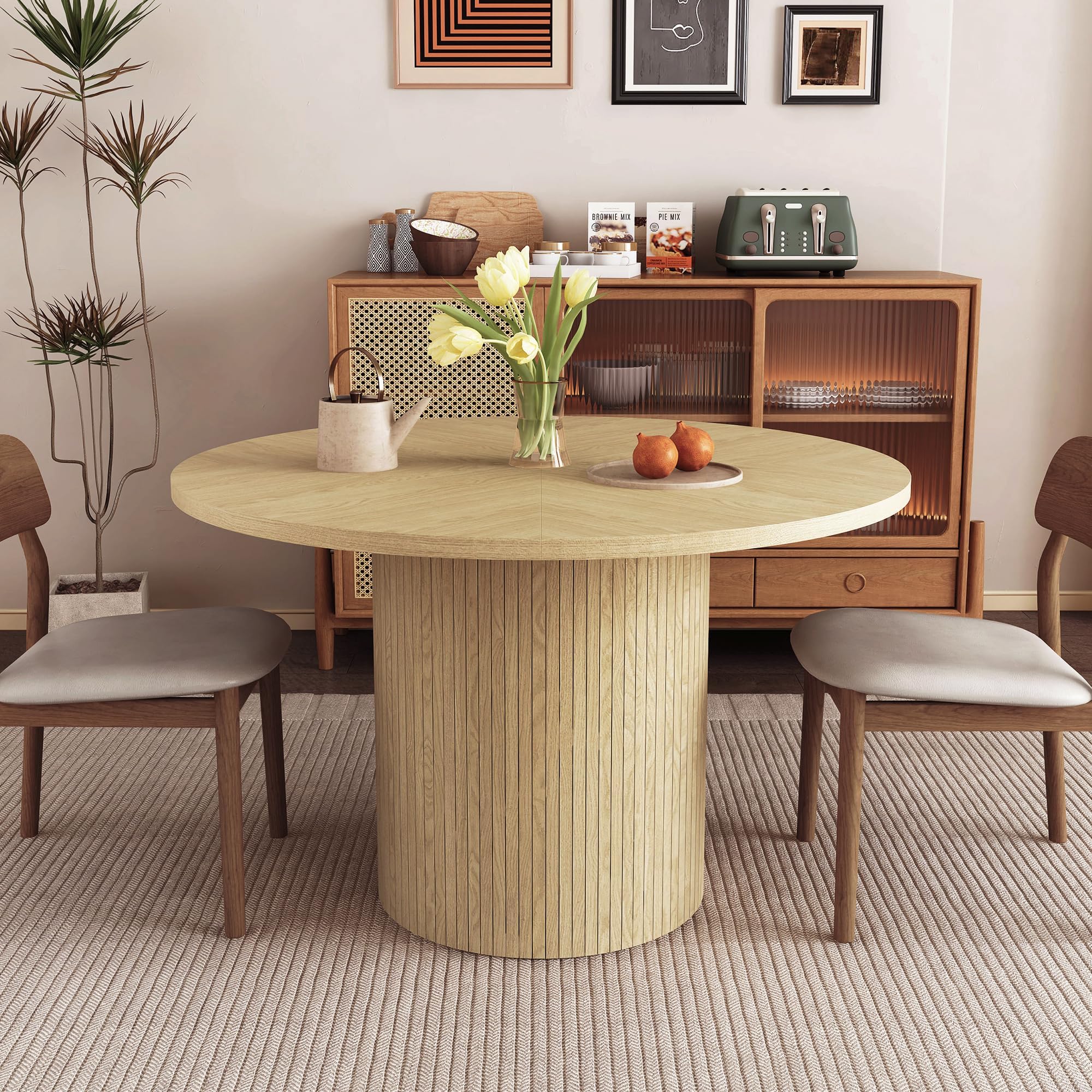 Round Dining Table for 4, Modern Farmhouse Kitchen Table, 47 Inch Small Circle Dining Tables with Wood Strip Base for Kitchen Living Room (Natural)