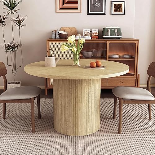 Mesa de comedor redonda para 4, moderna mesa de cocina de granja, mesas de comedor circulares pequeñas de 47 pulgadas con base de tira de madera