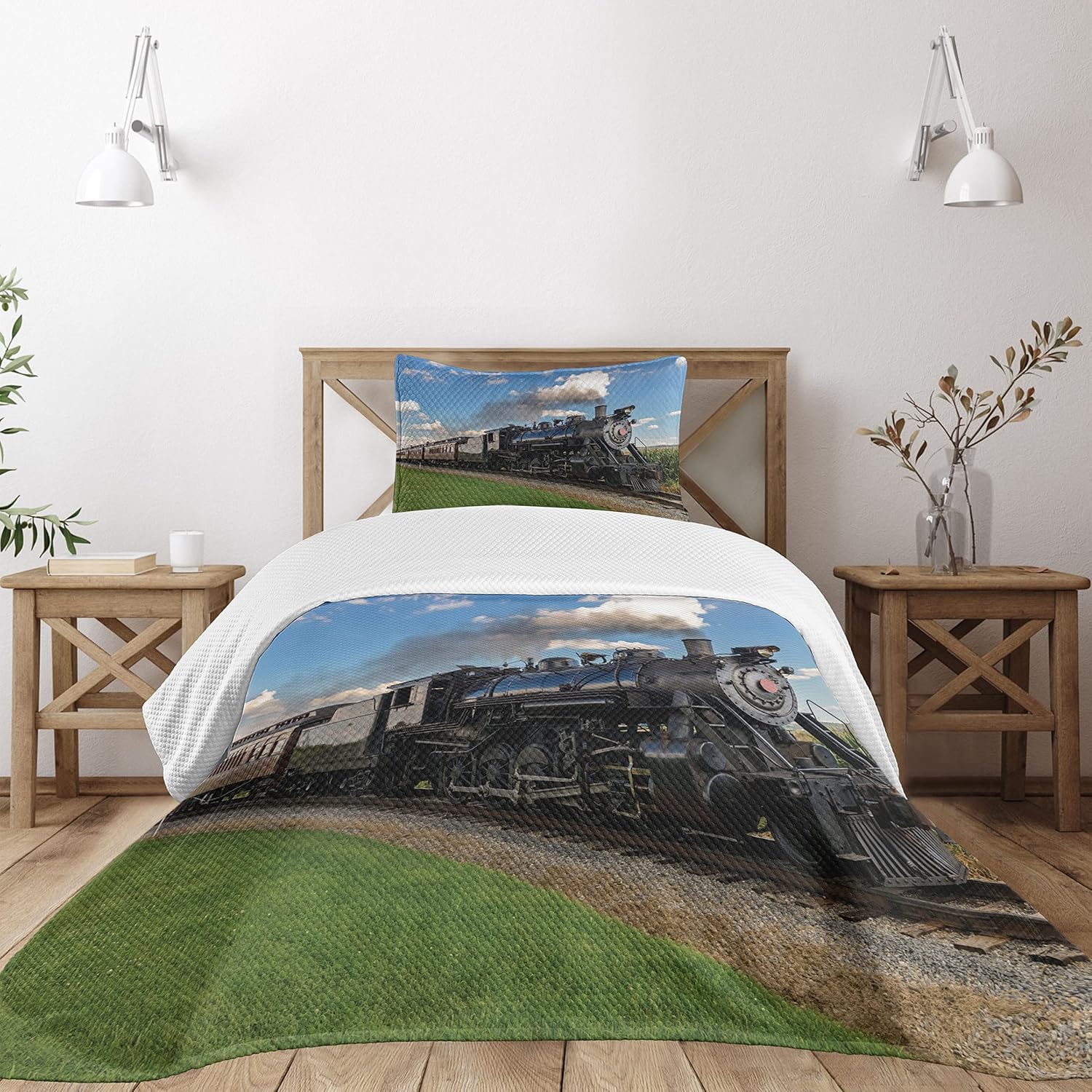Ambesonne Steam Engine Bedspread, Vintage Locomotive in Countryside Scenery Green Grass Puff Train Picture, Decorative Quilted 2 Piece Coverlet Set with Pillow Sham, Twin Size, Green Blue Twin Size Green Blue