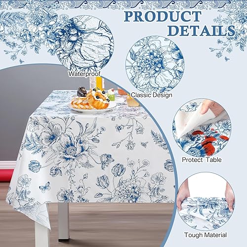 Miniatura 3 de Tiamon 6 manteles de plástico florales azules de 54 x 108 pulgadas, manteles rectangulares vintage desechables con flores azules azul marino y