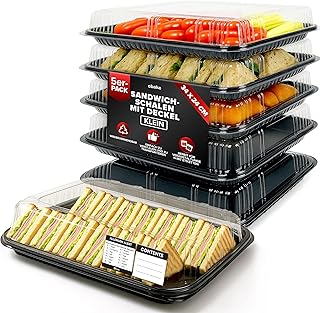 5er-Set Serviertabletts – 34 x 24 x 7,5 cm Servierplatte mit Deckel für Buffet Zubehör Partys und Catering, Einweg Inklusive Sticker-Etiketten