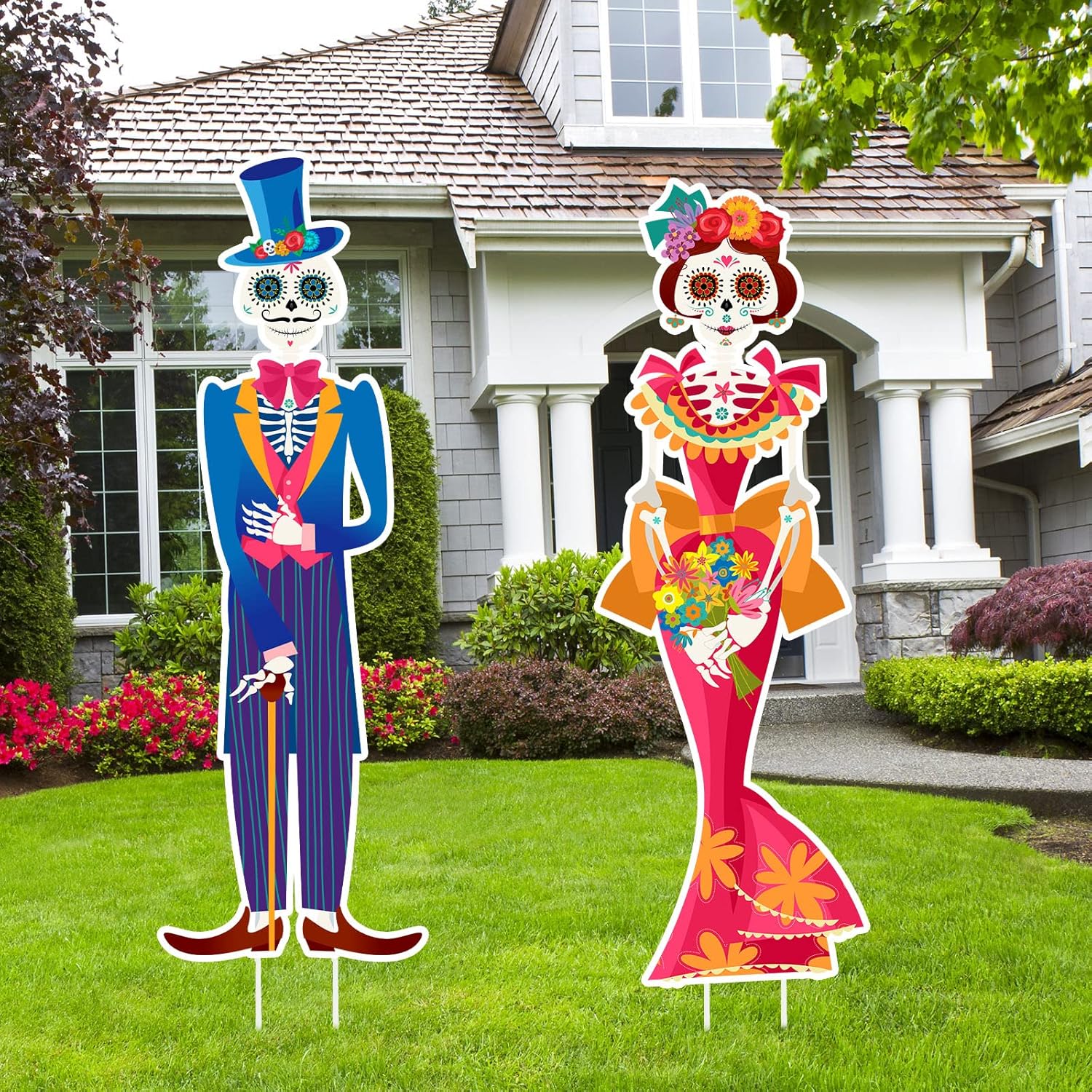 Namalu 2 Pack Day of The Dead Yard Signs Dia De Los Muertos Outdoor Lawn Decorations Sugar Skull Yard Signs with Stakes for Mexican Fiesta Halloween Party Supplies Lawn Garden Decor