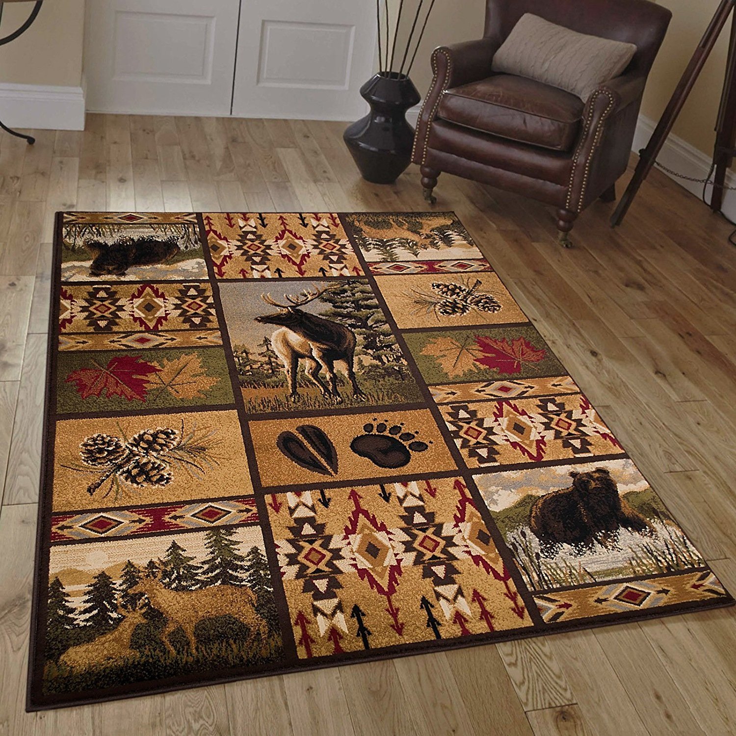 Champion Rugs Wildlife Cabin Nature Bear and Elk Scene Area Rug (5 Feet 3 Inch X 7 Feet 5 Inch)