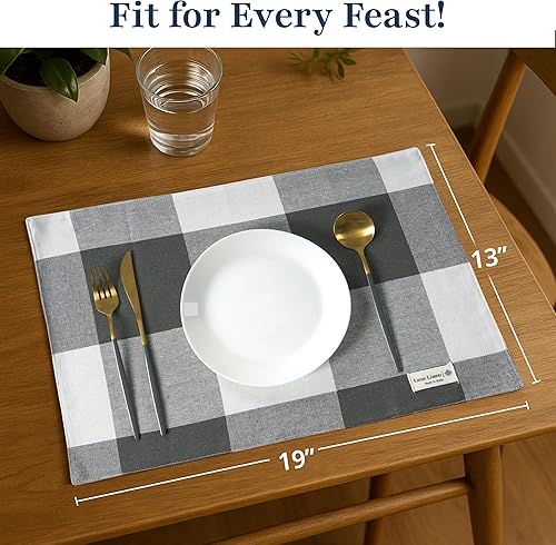 Miniatura 2 de LANE LINEN Juego de 6 manteles individuales decorativos de algodón para cocina, 13 x 19 pulgadas, color gris a cuadros