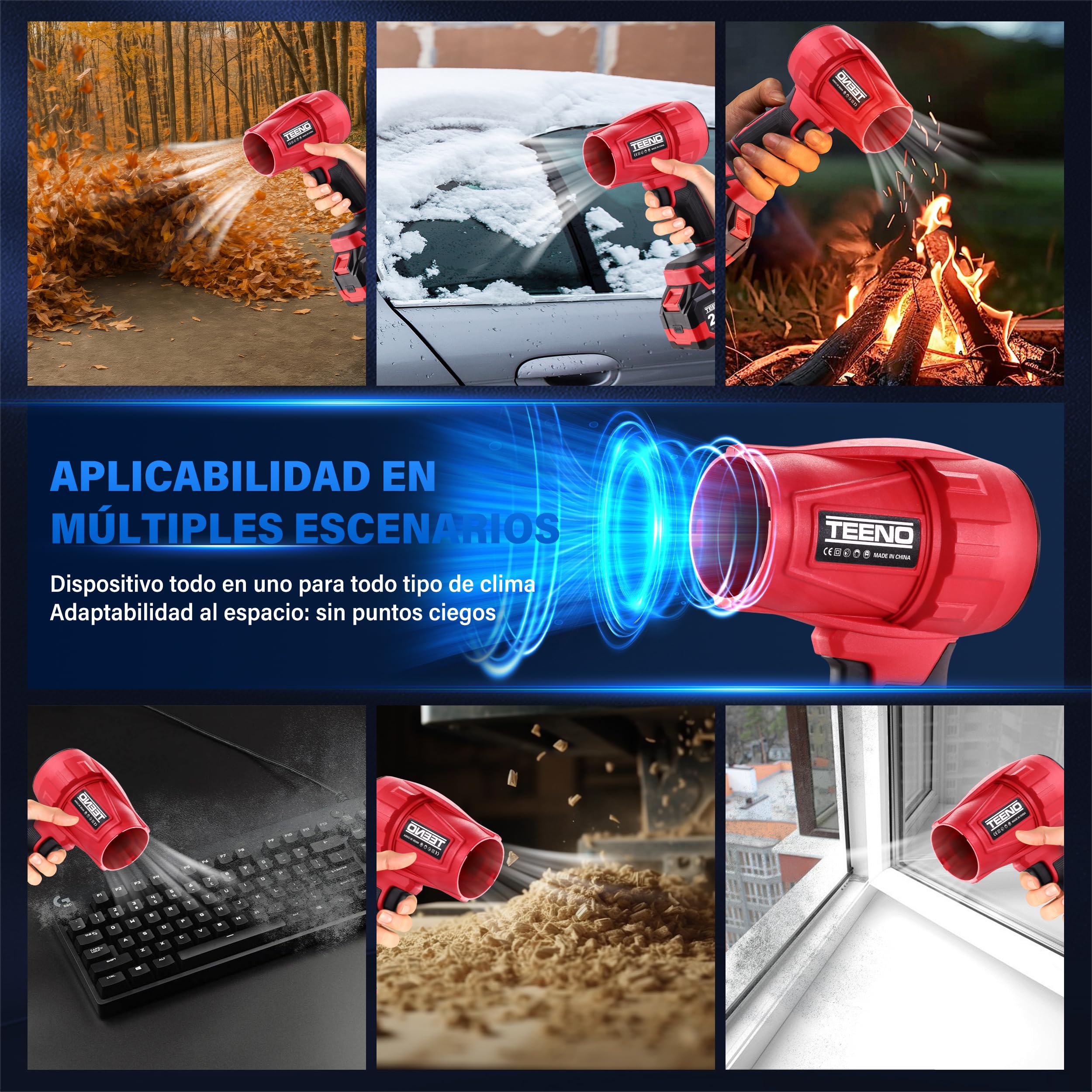 Soplador de hojas inalámbrico TEENO, 31000 TR/Min, 2 x 6,0 Ah baterías, cargador y caja de herramientas, tres modos de velocidad, compatible con baterías Makita, ideal para terraza, callejones y
