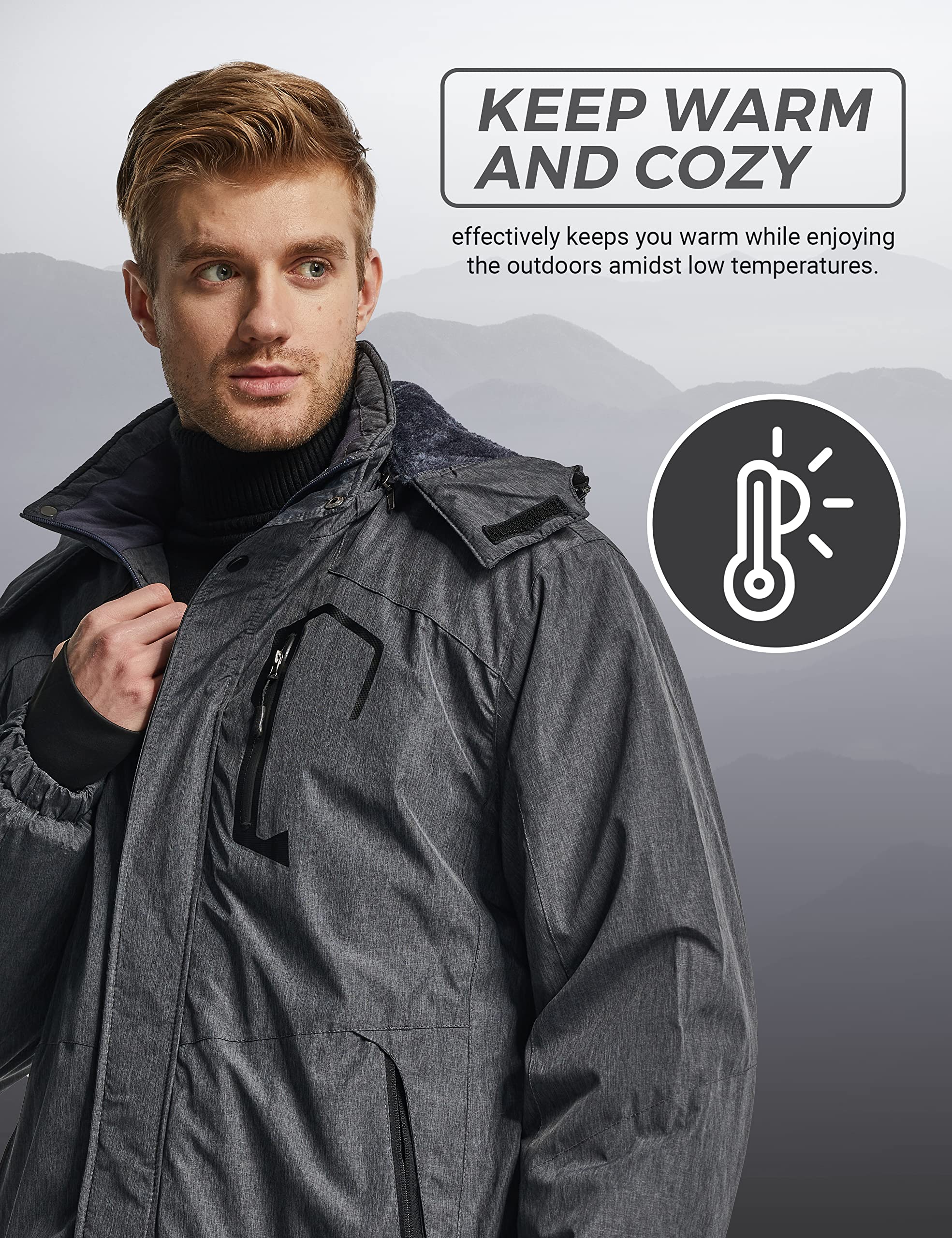 Wantdo Giacca da Sci Montagna Calda Invernale Parka da Neve Imbottita Cappotto da Snowboard in Pile Giubbotto con Cappuccio Impermeabile Uomo
